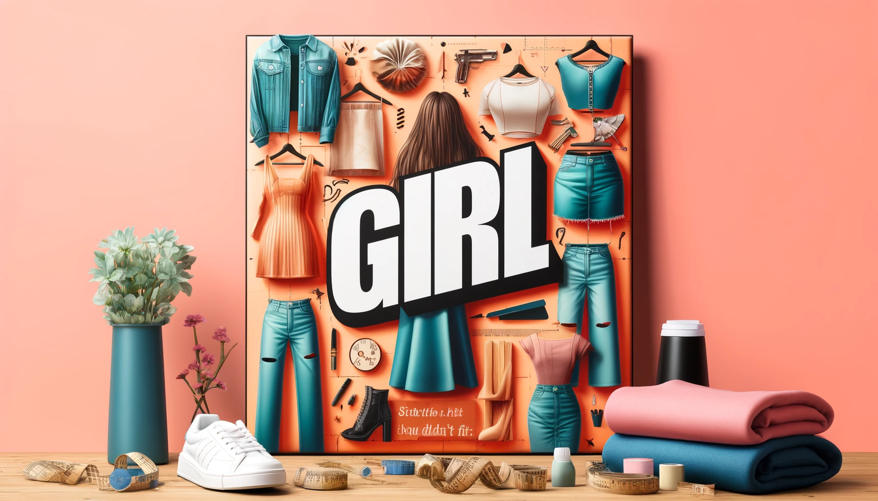 A stylish layout for a women's budget fashion brand named 'GRL' with a focus on situations where the size didn't fit. The image features trendy and affordable clothing items displayed attractively, with visual elements representing fitting issues. Incorporate the word 'GRL' prominently in the design. The background should be vibrant and fashionable, reflecting the brand's appeal to young women. The image should be in a 16:9 aspect ratio.