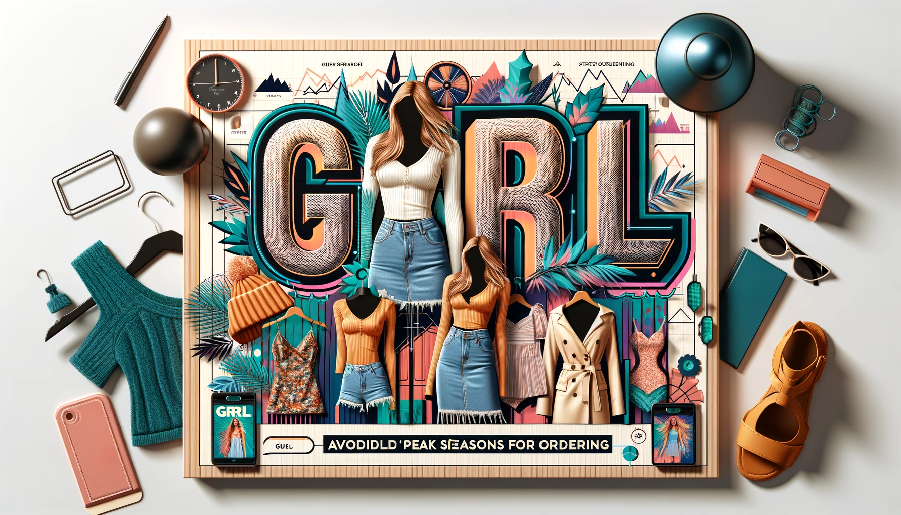 A stylish layout for a women's budget fashion brand named 'GRL' with a focus on avoiding peak seasons for ordering. The image features trendy and affordable clothing items displayed attractively, with visual elements representing strategies to avoid peak seasons when ordering. Incorporate the word 'GRL' prominently in the design. The background should be vibrant and fashionable, reflecting the brand's appeal to young women. The image should be in a 16:9 aspect ratio.