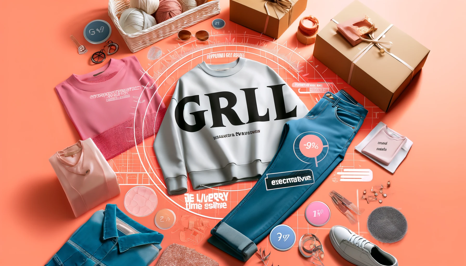 A stylish layout for a women's budget fashion brand named 'GRL' with a focus on delivery time estimate. The image features trendy and affordable clothing items displayed attractively, with visual elements representing the estimated time of arrival. Incorporate the word 'GRL' prominently in the design. The background should be vibrant and fashionable, reflecting the brand's appeal to young women. The image should be in a 16:9 aspect ratio.