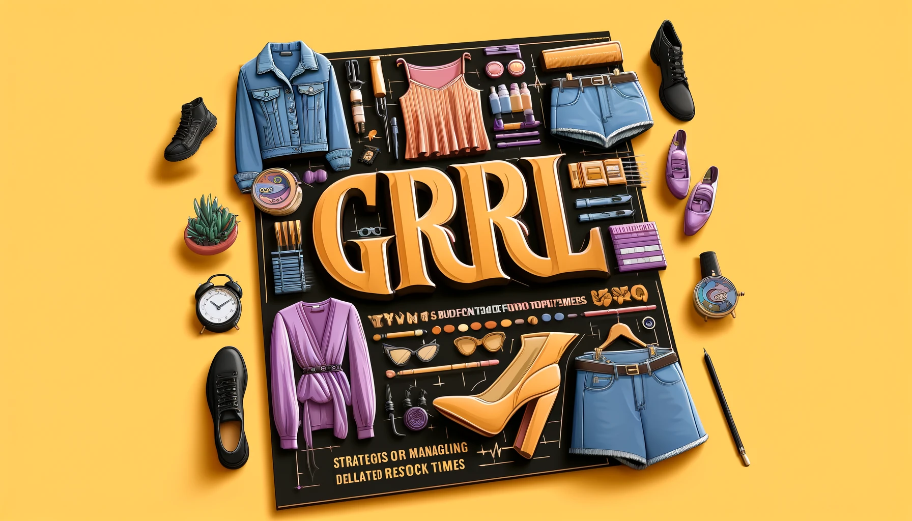 A stylish layout for a women's budget fashion brand named 'GRL' with a focus on handling delayed restock times. The image features trendy and affordable clothing items displayed attractively, with visual elements representing strategies for managing delayed restock times. Incorporate the word 'GRL' prominently in the design. The background should be vibrant and fashionable, reflecting the brand's appeal to young women. The image should be in a 16:9 aspect ratio.