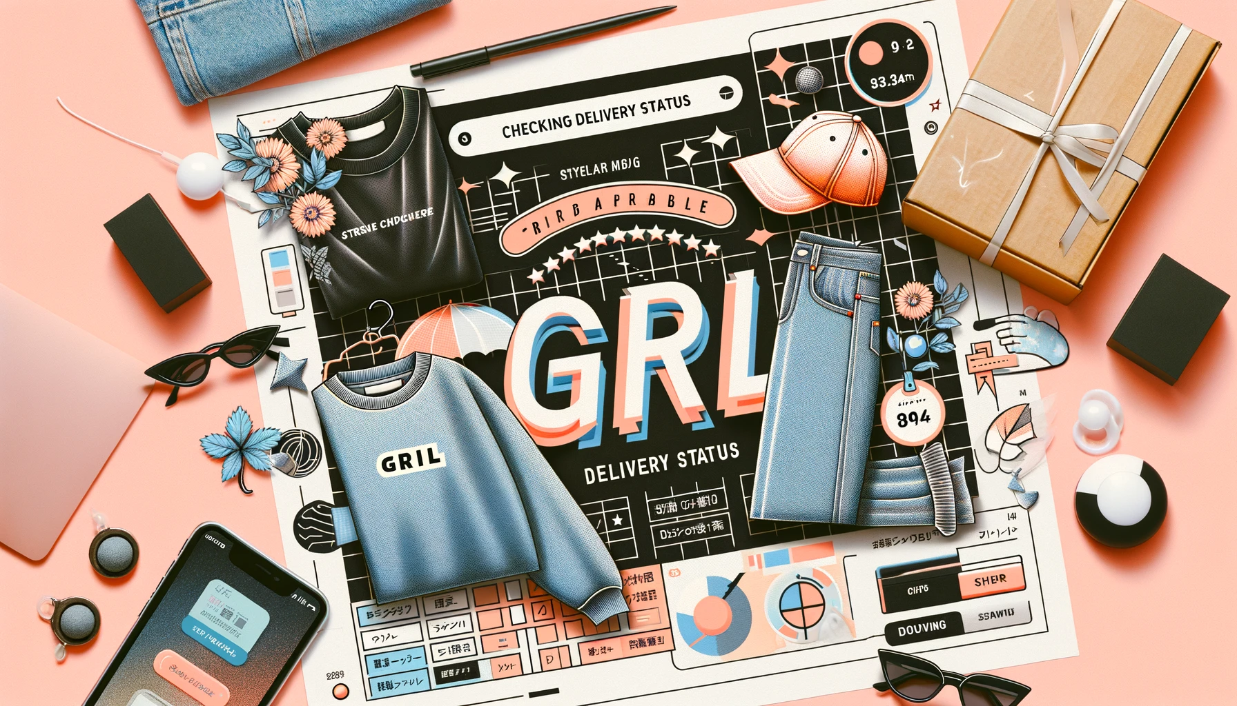 A stylish layout for a Japanese women's budget fashion brand named 'GRL' with a focus on checking delivery status. The image features trendy and affordable clothing items displayed attractively, with visual elements representing the process of checking delivery status. Incorporate the word 'GRL' prominently in the design. The background should be vibrant and fashionable, reflecting the brand's appeal to young women. The image should be in a 16:9 aspect ratio.