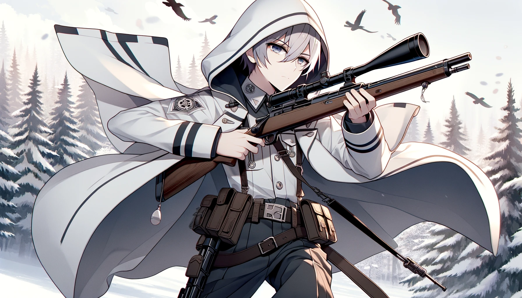 Anime-style image of a male character wearing a military uniform with a white hood, holding a long hunting rifle. The character appears in a dynamic pose, the background subtly suggesting a snowy forest, in a 16:9 aspect ratio.