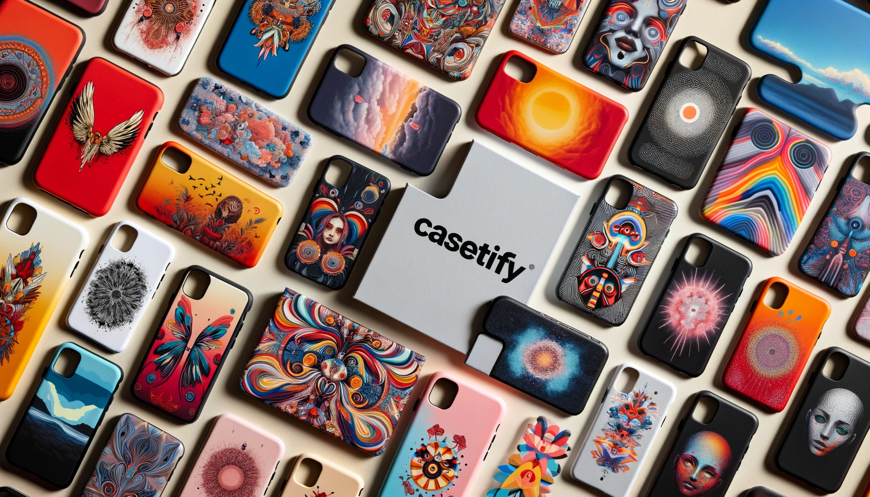 A collage showcasing the popular designs of CASETiFY phone cases. Various colorful and stylish phone cases arranged artistically with a central focus on the word 'CASETiFY'.