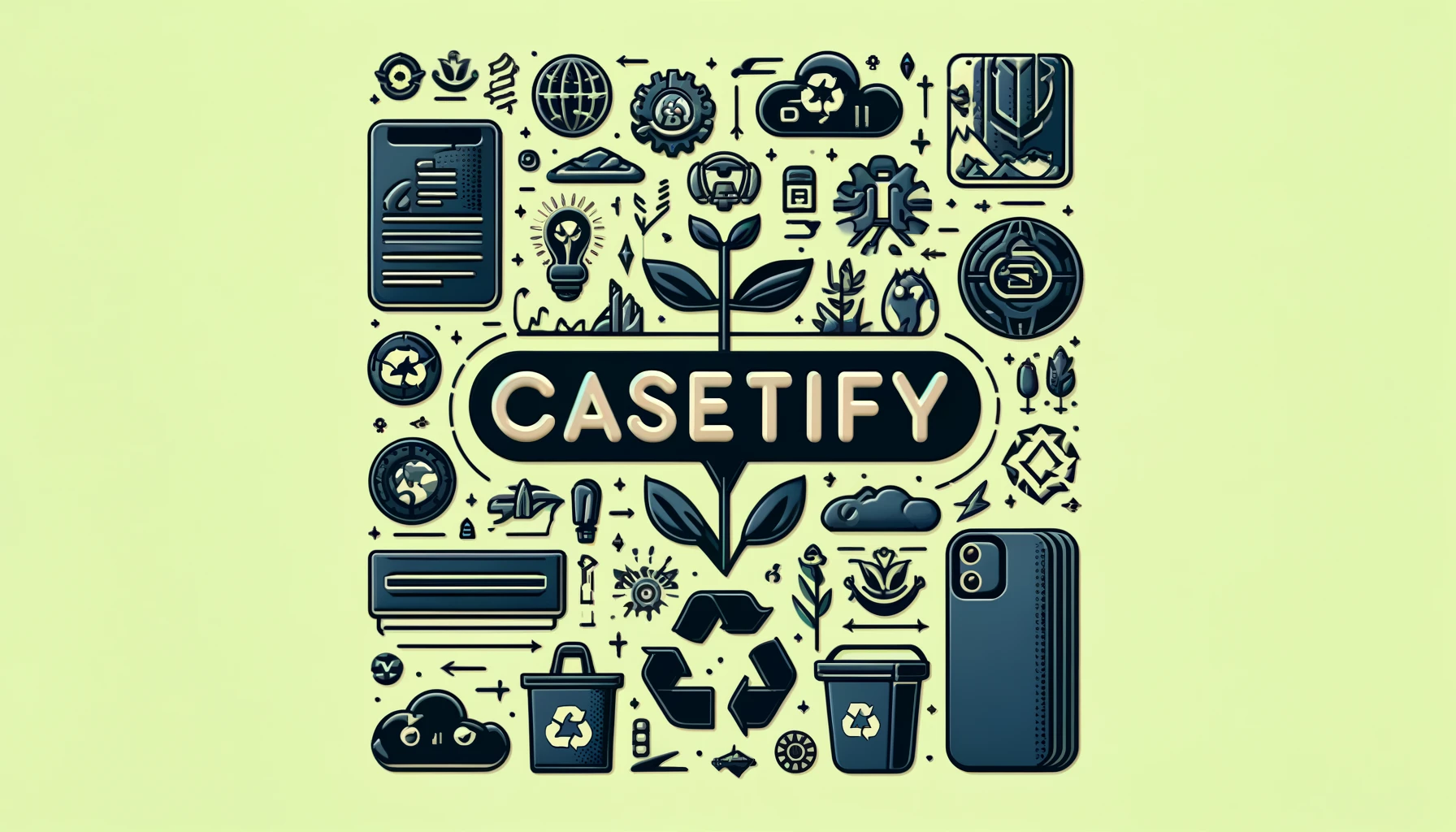 An image highlighting CASETiFY's sustainable strategies. Include elements such as eco-friendly materials, recycling symbols, and green initiatives. The word 'CASETiFY' should be clearly visible.