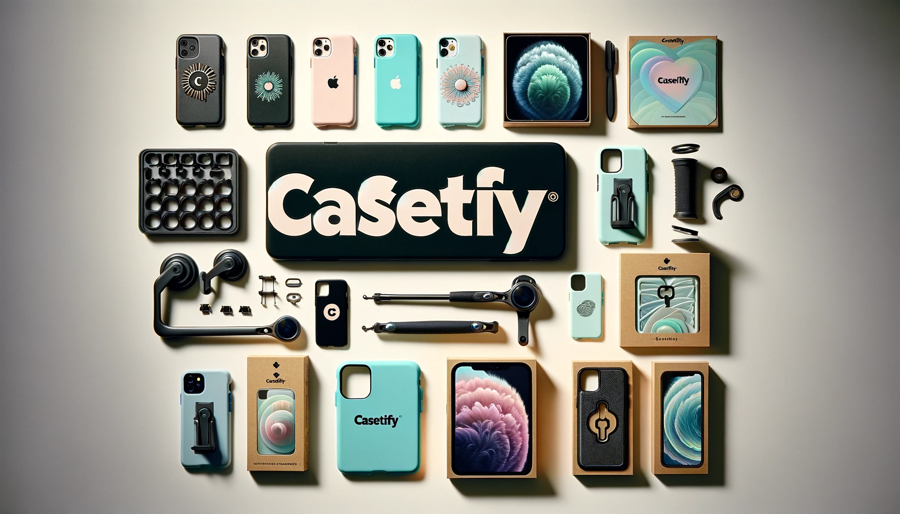 An image displaying various accessories for CASETiFY phone cases. Include items like grips, stands, and screen protectors with the word 'CASETiFY' prominently displayed.