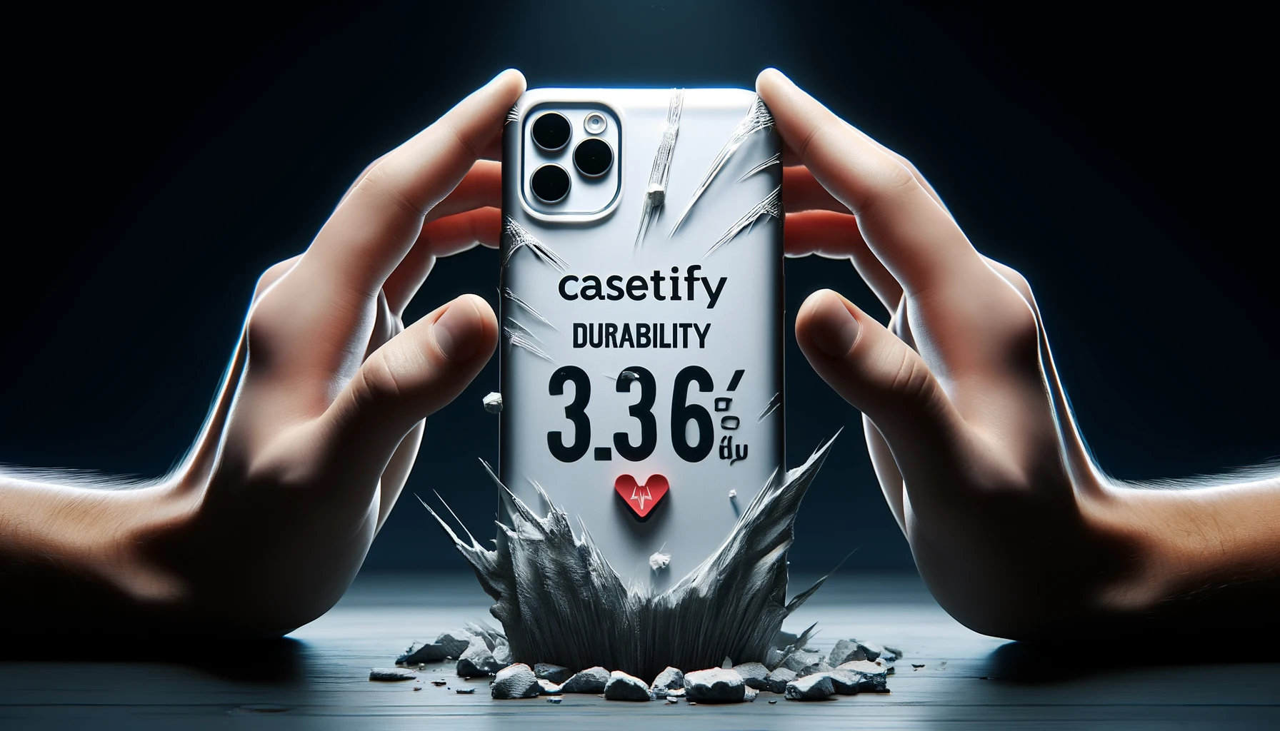 An image demonstrating the durability of CASETiFY phone cases. Show a phone case being subjected to various durability tests like drop tests and scratch tests, with the word 'CASETiFY' prominently displayed.