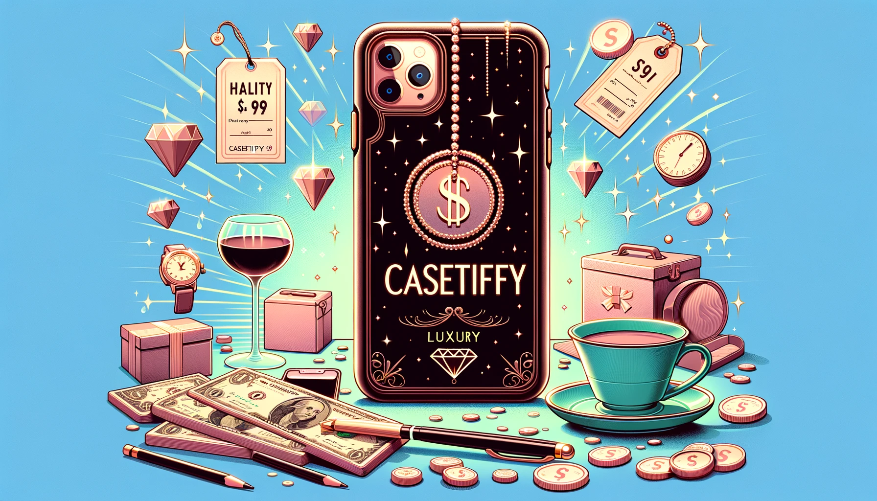 An image highlighting the high price of CASETiFY phone cases. Include luxury elements and a price tag with the word 'CASETiFY' prominently displayed.