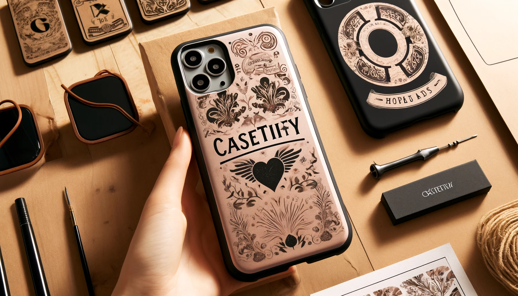 An image showcasing the custom features of CASETiFY phone cases. Highlight personalized designs, monograms, and unique prints with the word 'CASETiFY' prominently displayed.