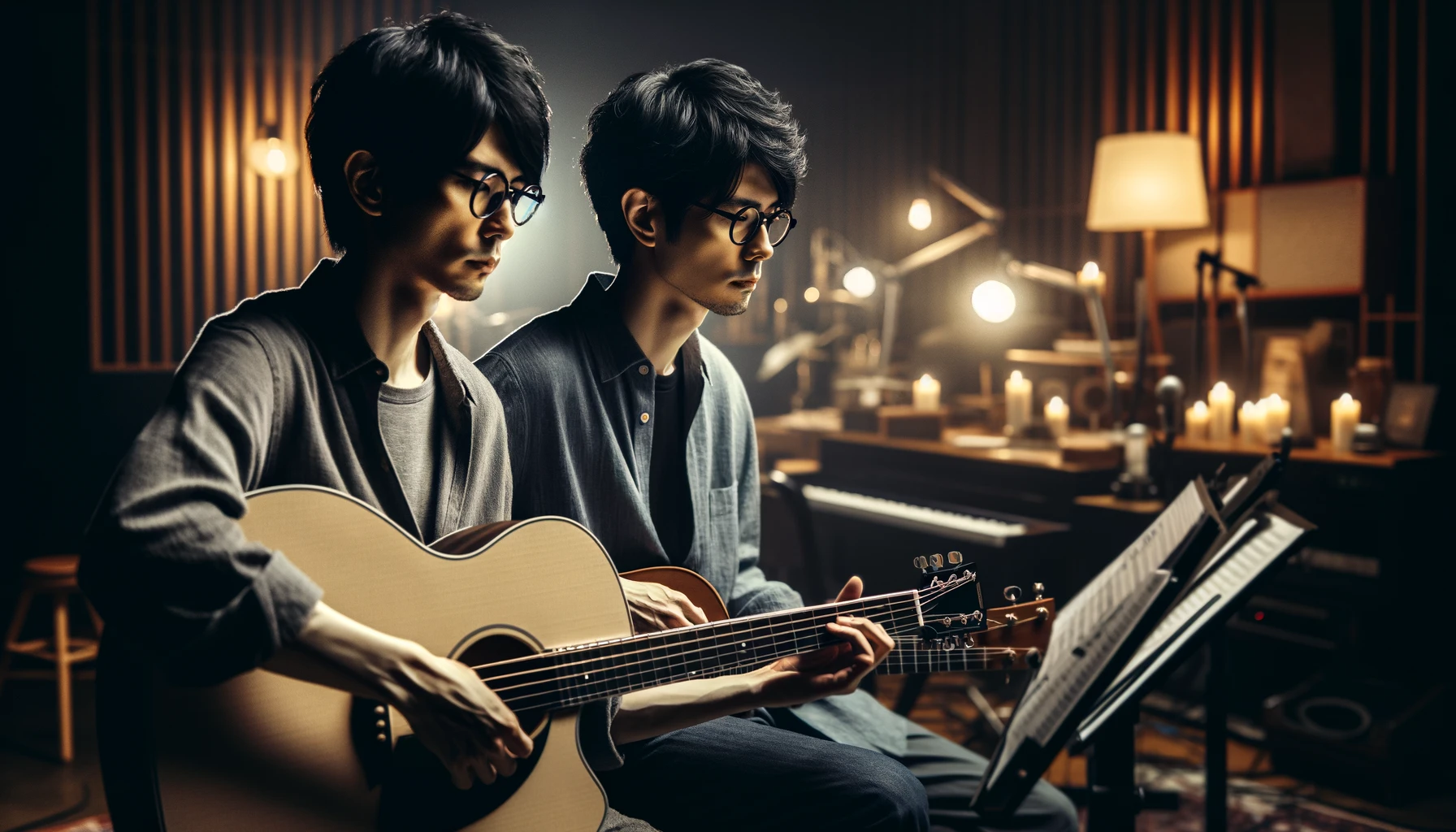 A band of two Japanese brothers in their 30s, both wearing glasses, providing melancholic, unique music. They have short black hair and are depicted in a contemporary setting, holding musical instruments. The image is to capture a serene and introspective mood, set in a modern music studio with dim lighting and artistic decor, emphasizing the creative and emotional essence of their music. The scene should be in a 16:9 aspect ratio, with the brothers positioned in the center, engaging deeply with their music.