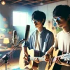 A band of two Japanese brothers in their 30s, both wearing glasses, providing melancholic, unique music. They have short black hair and are depicted in a bright, contemporary setting, holding musical instruments. The image is to capture a serene and introspective mood, set in a modern music studio with bright lighting and colorful artistic decor, emphasizing the creative and emotional essence of their music. The scene should be in a 16:9 aspect ratio, with the brothers positioned in the center, engaging deeply with their music.