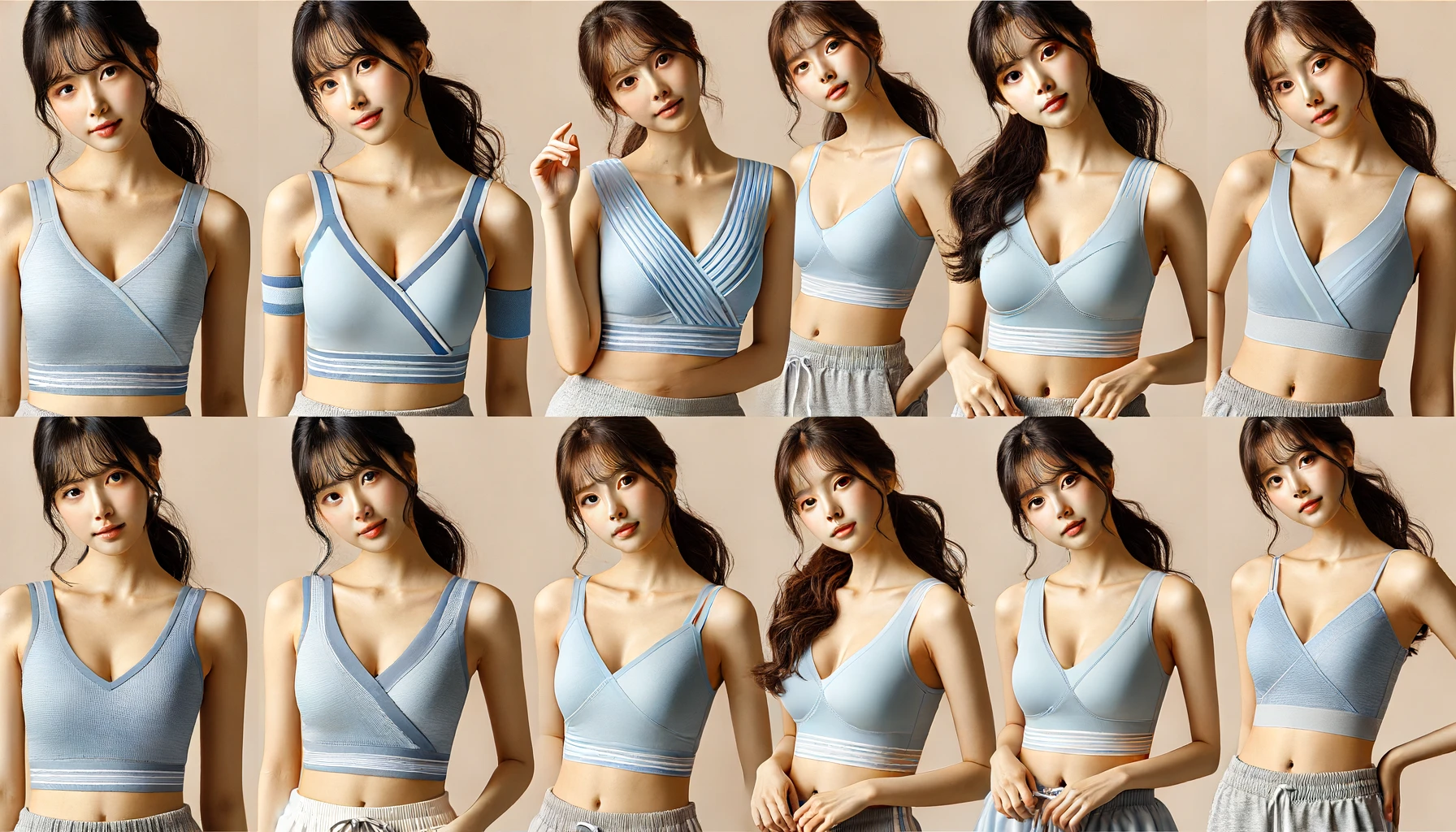 Multiple stylish sports bras suitable for light exercise, similar to the one in the image, in light blue color, without any logos or text, displayed on a plain background. Include Japanese models wearing the sports bras in a light exercise setting.
