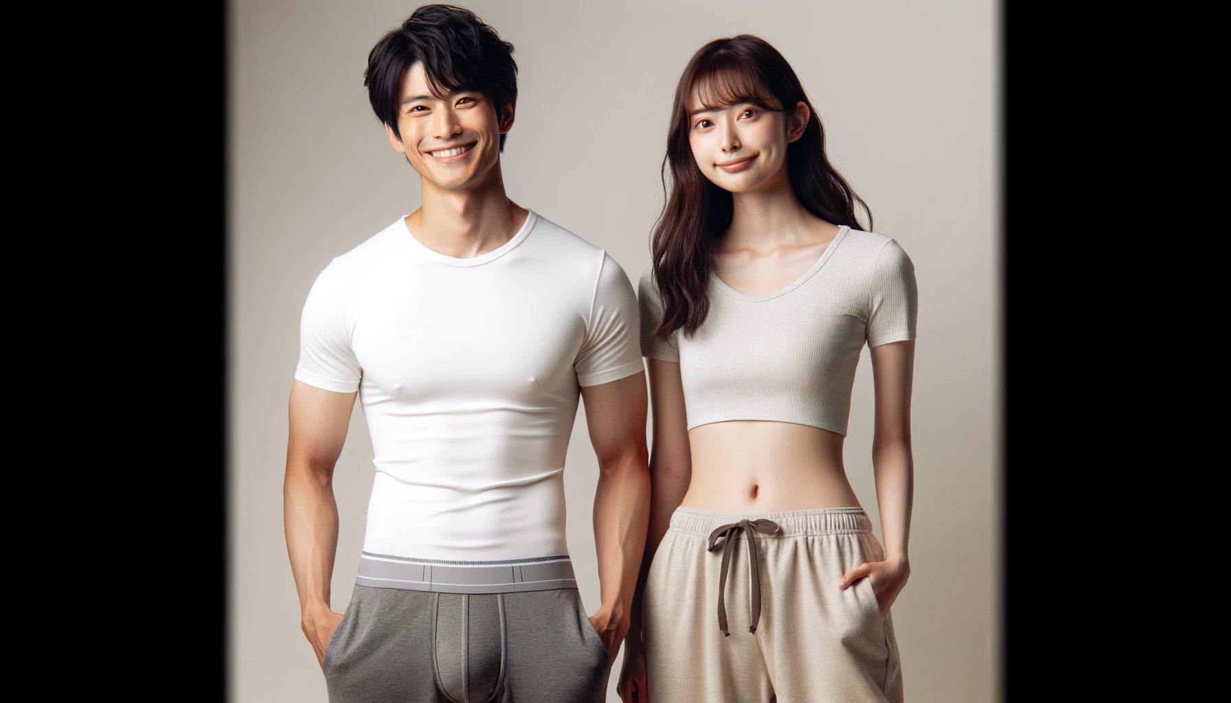 A Japanese man and woman wearing plain, stylish underwear and casual clothes, without any logos or text, on a plain background. The man is in a white t-shirt and dark pants, the woman is in a light gray top and beige pants. Both are smiling and standing next to each other.