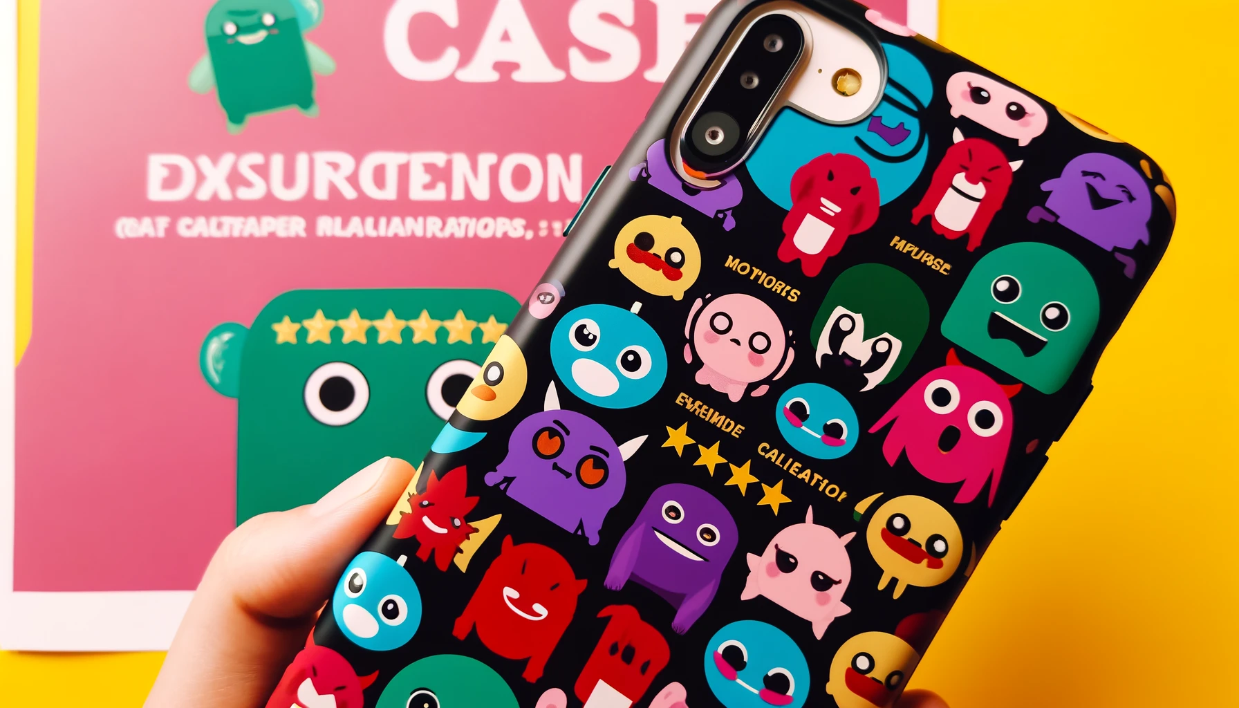 A vibrant image showcasing customer reviews and feedback for CASETiFY smartphone cases featuring small monster anime character collaboration products. The design should include positive comments and ratings to reflect the satisfaction and excitement of the customers. The word 'CASE' should be prominently displayed on the image.