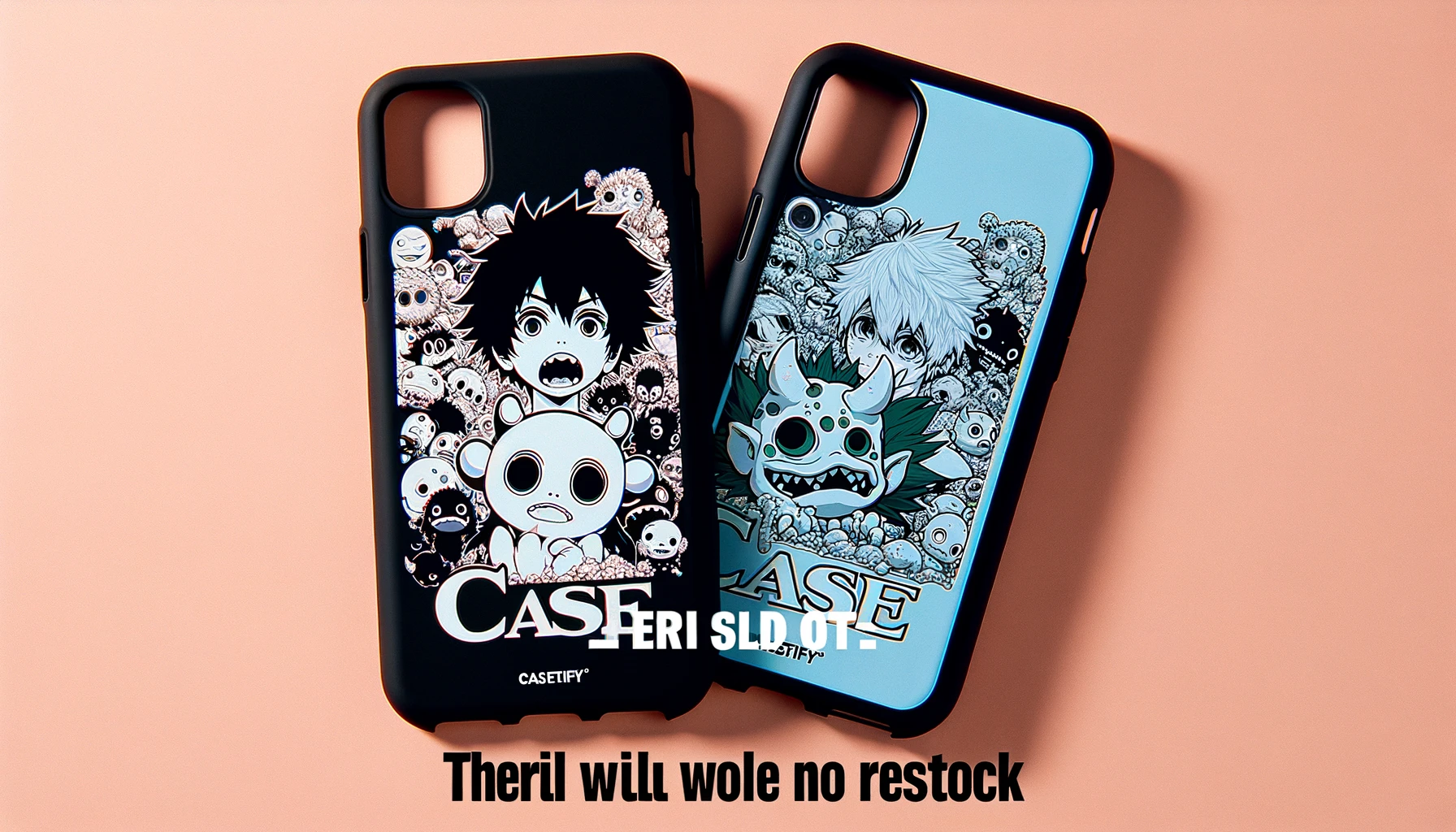A clear and bold image emphasizing that there will be no restock for CASETiFY smartphone cases featuring small monster anime character collaboration products. The design should stress the exclusivity and urgency of getting these cases before they sell out. The word 'CASE' should be prominently displayed on the image.