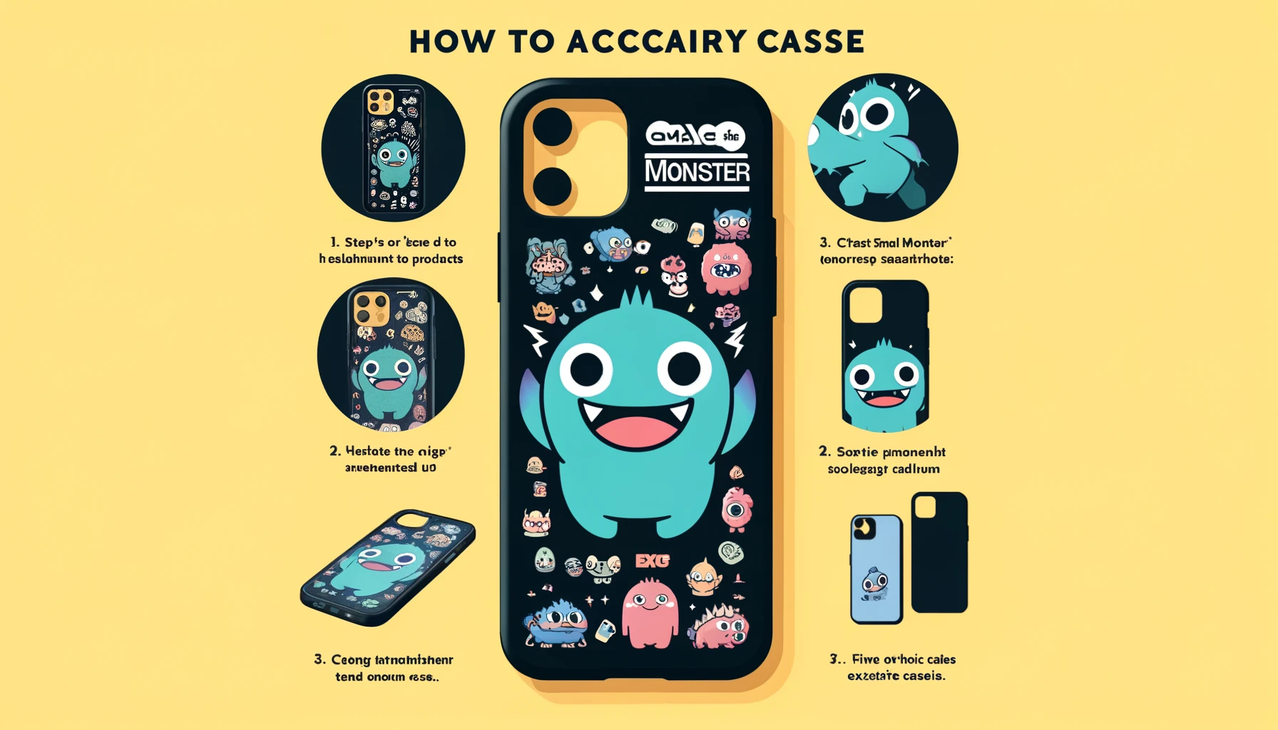 An informative image showing how to obtain CASETiFY smartphone cases featuring small monster anime character collaboration products. The design should clearly display steps or methods to acquire these exclusive cases. The word 'CASE' should be prominently displayed on the image.