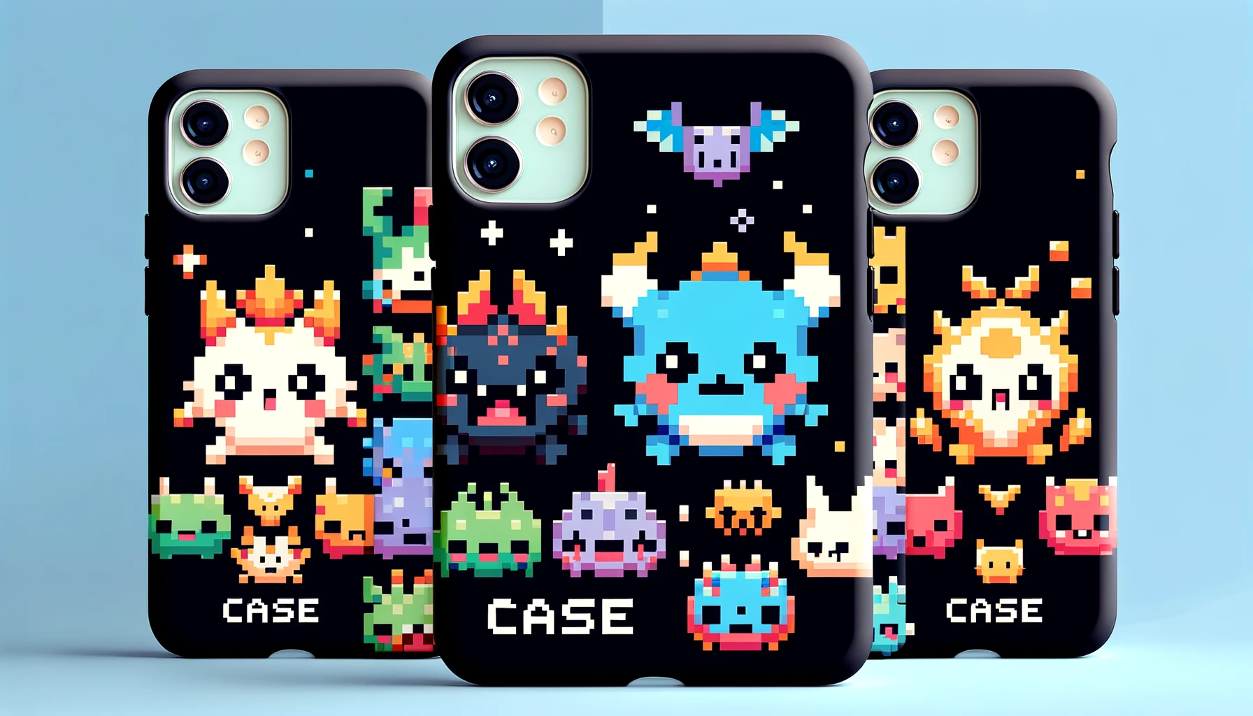 An engaging image showcasing CASETiFY smartphone cases with pixel art designs of small monster anime characters. The design should highlight the retro, pixelated art style and the variety of colorful, charming characters. The word 'CASE' should be prominently displayed on the image.