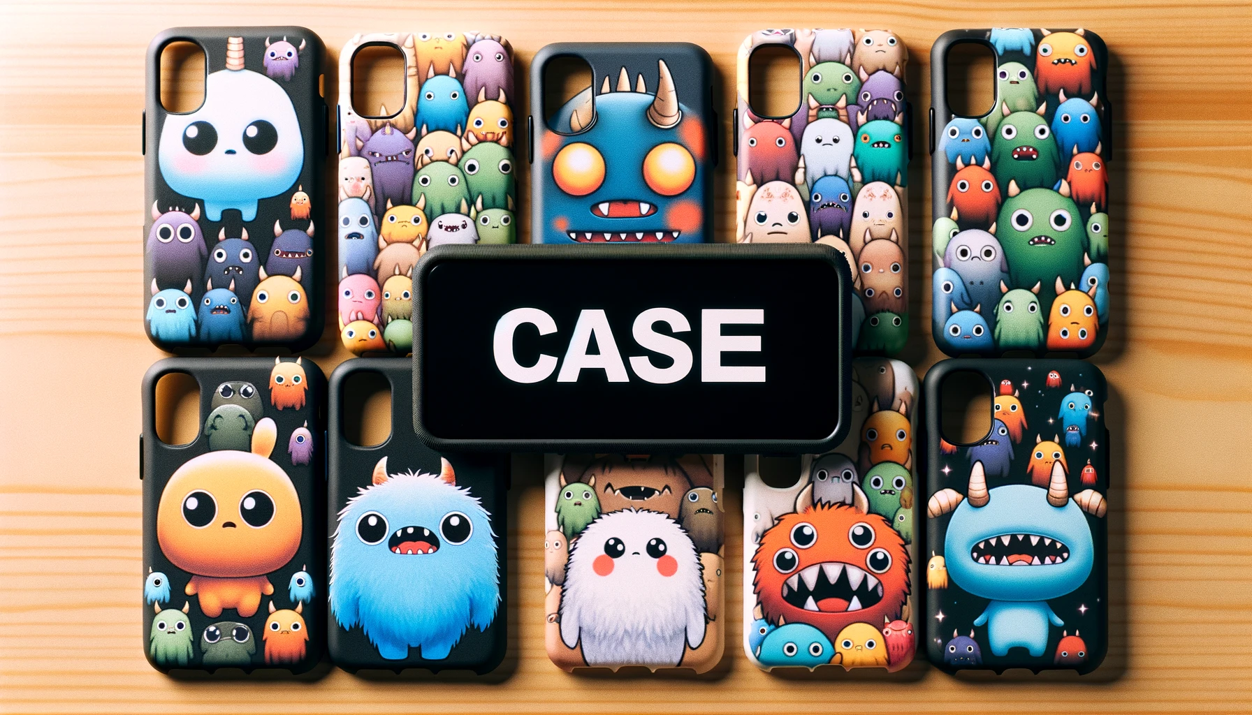 An image displaying the popularity of CASETiFY smartphone cases featuring small monster anime characters. The design should show a variety of cases, emphasizing their widespread appeal and trendiness among different age groups. The word 'CASE' should be prominently displayed on the image.