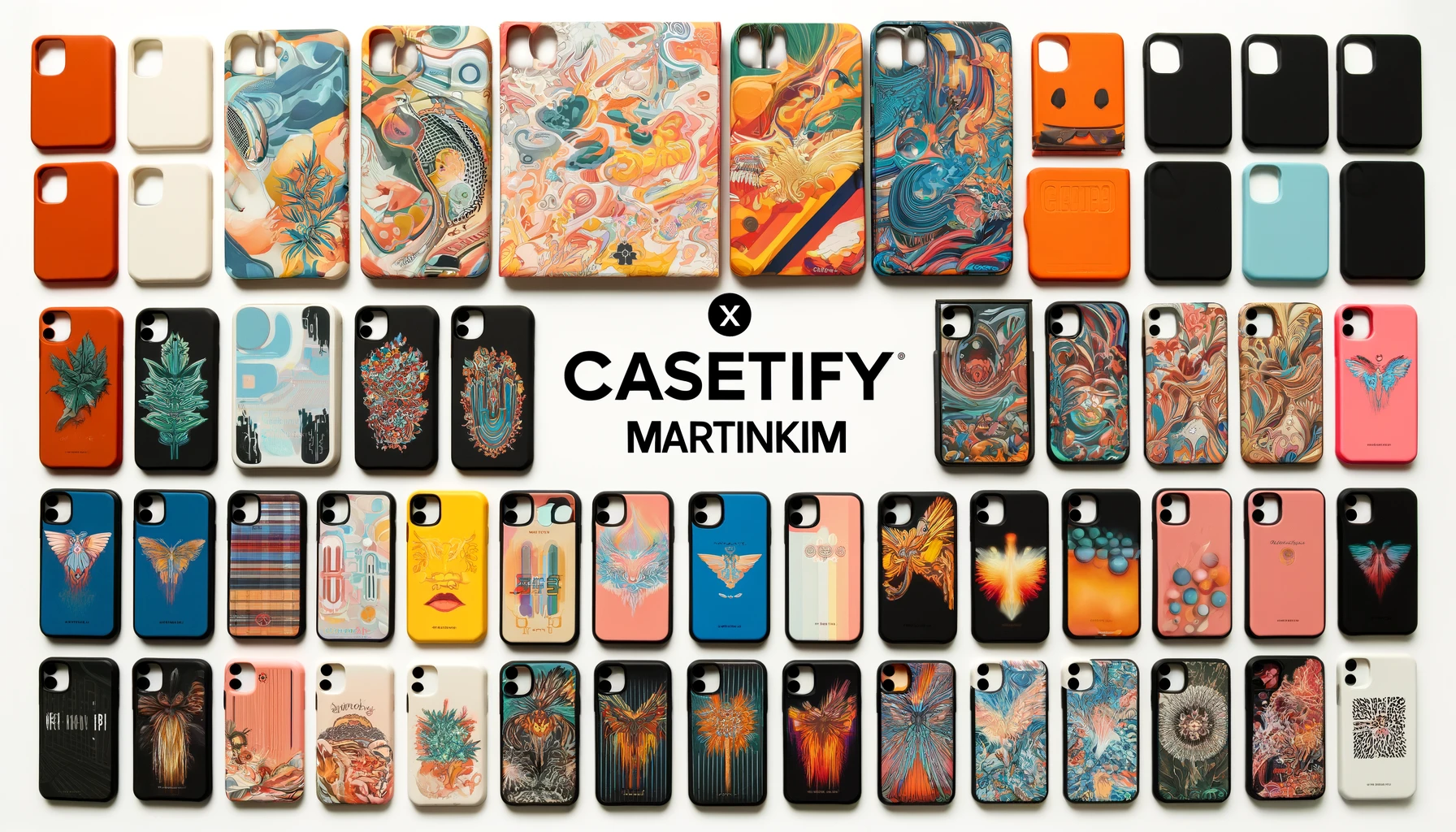 An image displaying the various types of iPhone cases from the CASETiFY x MartinKim collaboration. Show a variety of case designs with vibrant and trendy aesthetics. Include the text 'CASETiFY x MartinKim' prominently in the image.