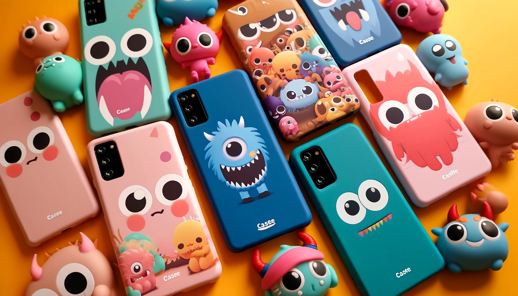 A vibrant and attractive image showcasing a collection of CASETiFY smartphone cases featuring small monster anime characters. The design should highlight the unique charm and colorful, playful nature of these characters. The word 'CASE' should be prominently displayed on the image.