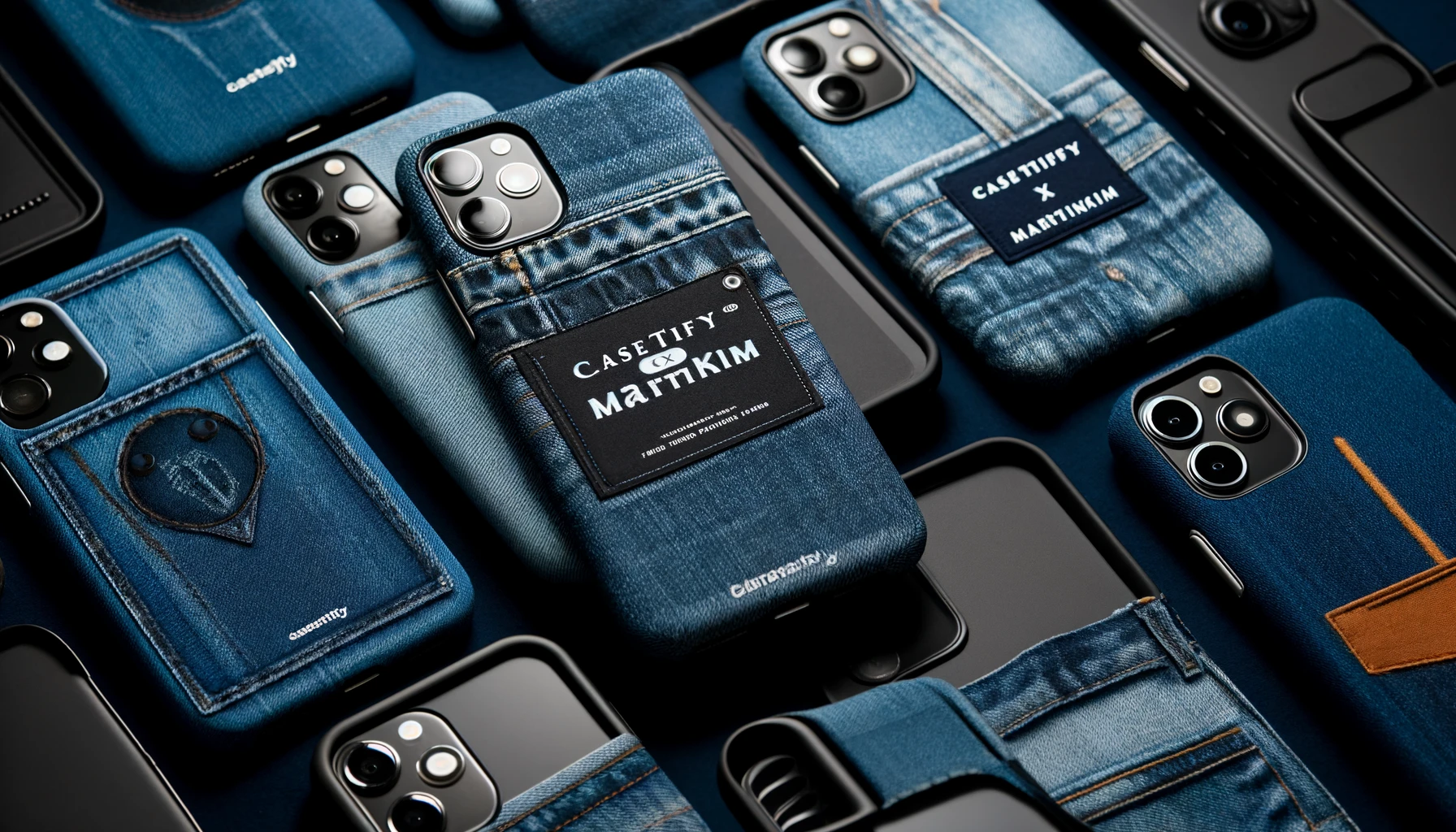 An image showcasing iPhone cases made with denim material from the CASETiFY x MartinKim collaboration. Highlight the texture and stylish look of the denim cases. Include the text 'CASETiFY x MartinKim' prominently in the image.