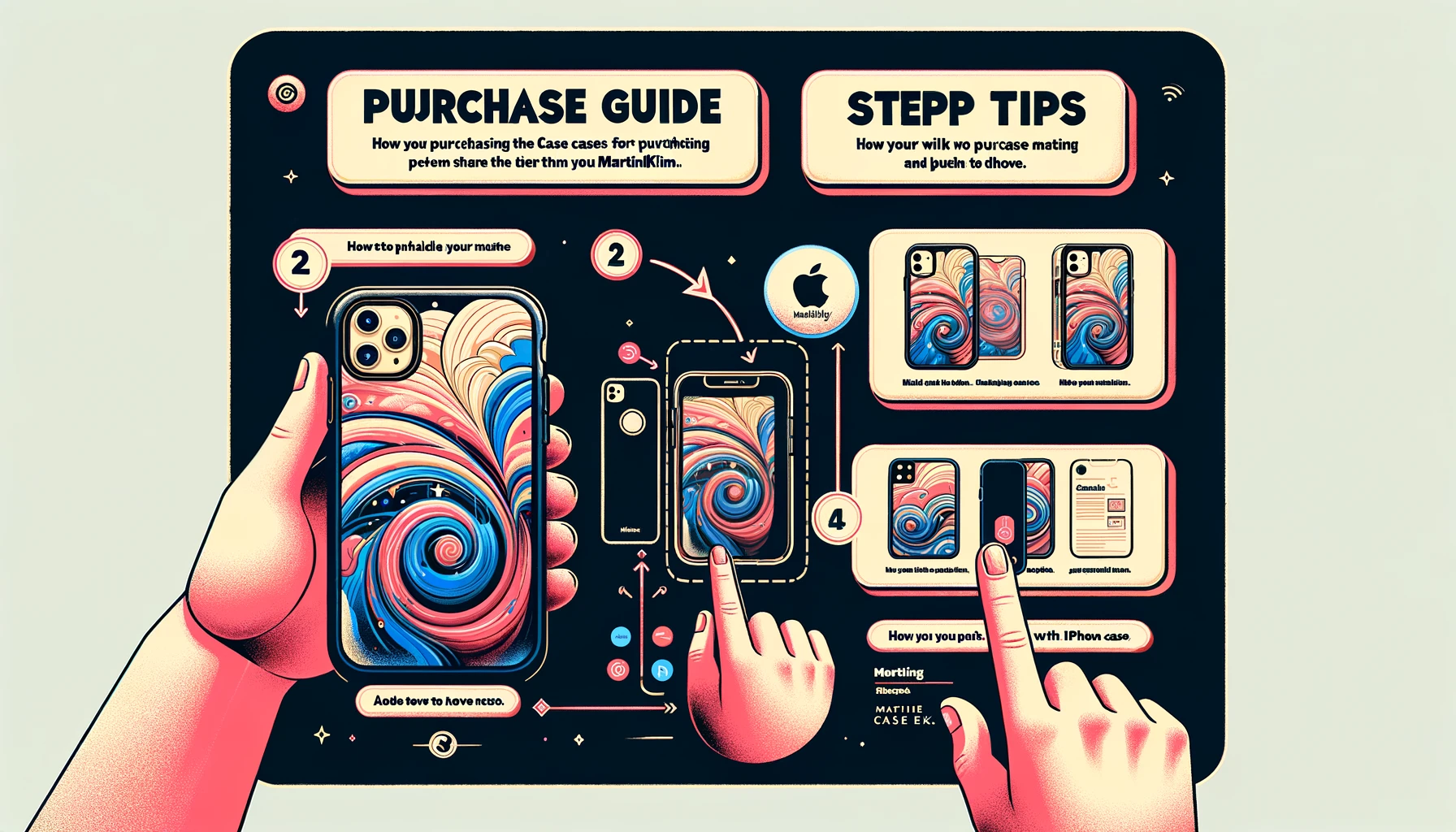 An image illustrating the purchase guide for the CASETiFY x MartinKim collaboration. Show steps or tips for purchasing the iPhone cases, with an attractive and informative design. Include the text 'CASETiFY x MartinKim' prominently in the image.
