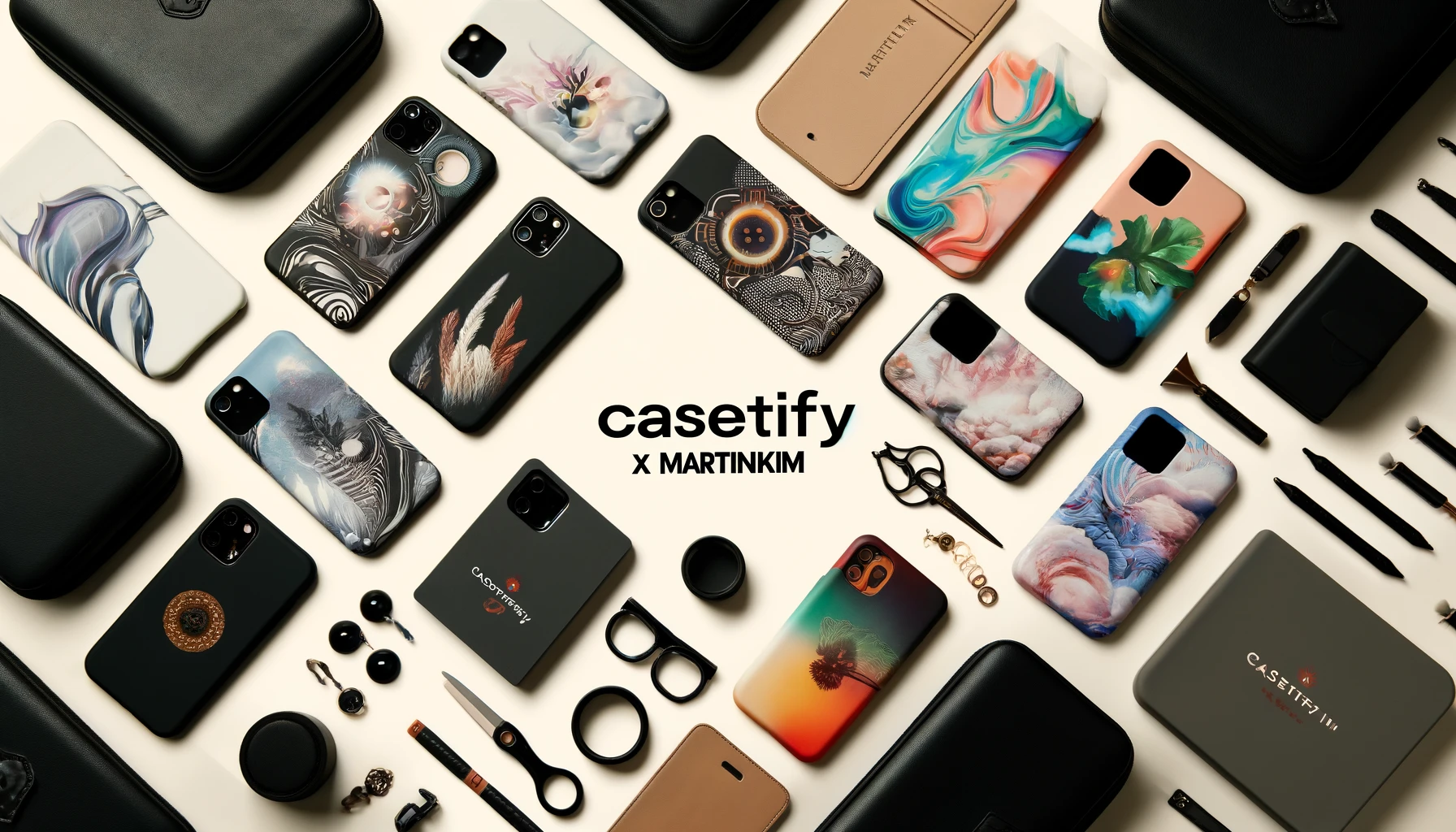 An image showcasing smartphone cases and accessories from the CASETiFY x MartinKim collaboration. Include a variety of cases and accessories with stylish and trendy designs. Include the text 'CASETiFY x MartinKim' prominently in the image.