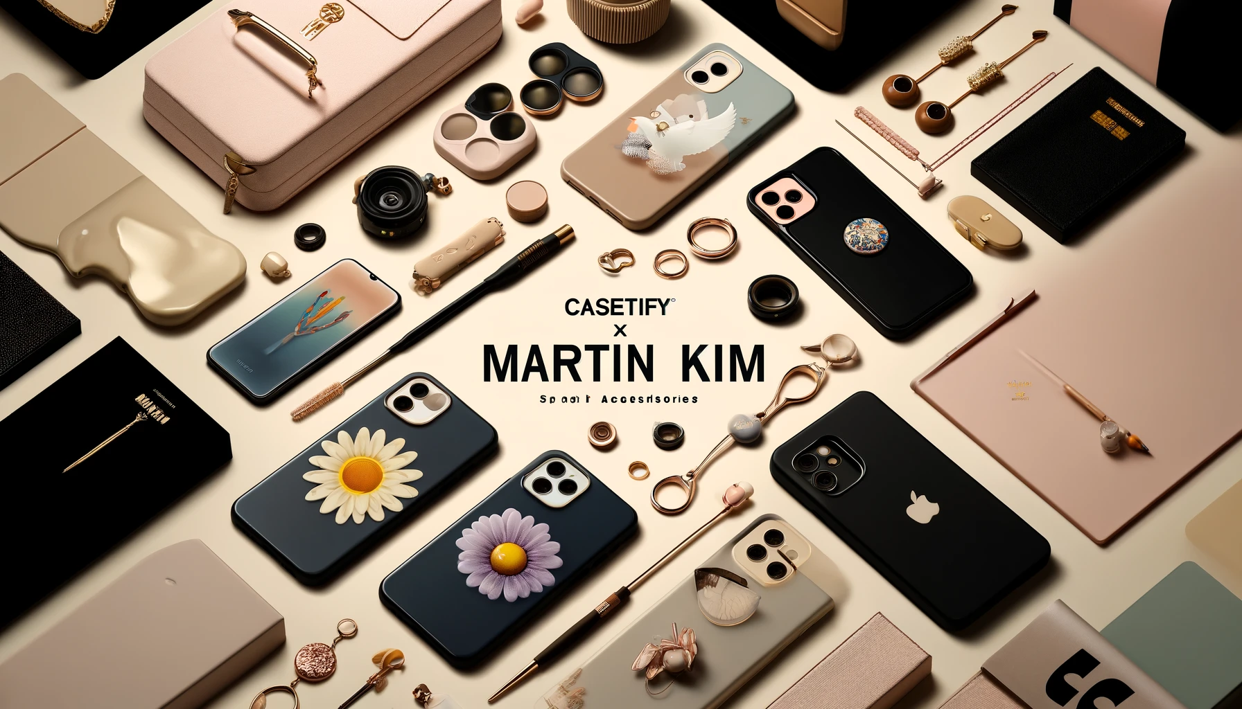 An image showcasing smartphone accessories from the CASETiFY x MartinKim collaboration. Include a variety of accessories with stylish and trendy designs. Include the text 'CASETiFY x MartinKim' prominently in the image.