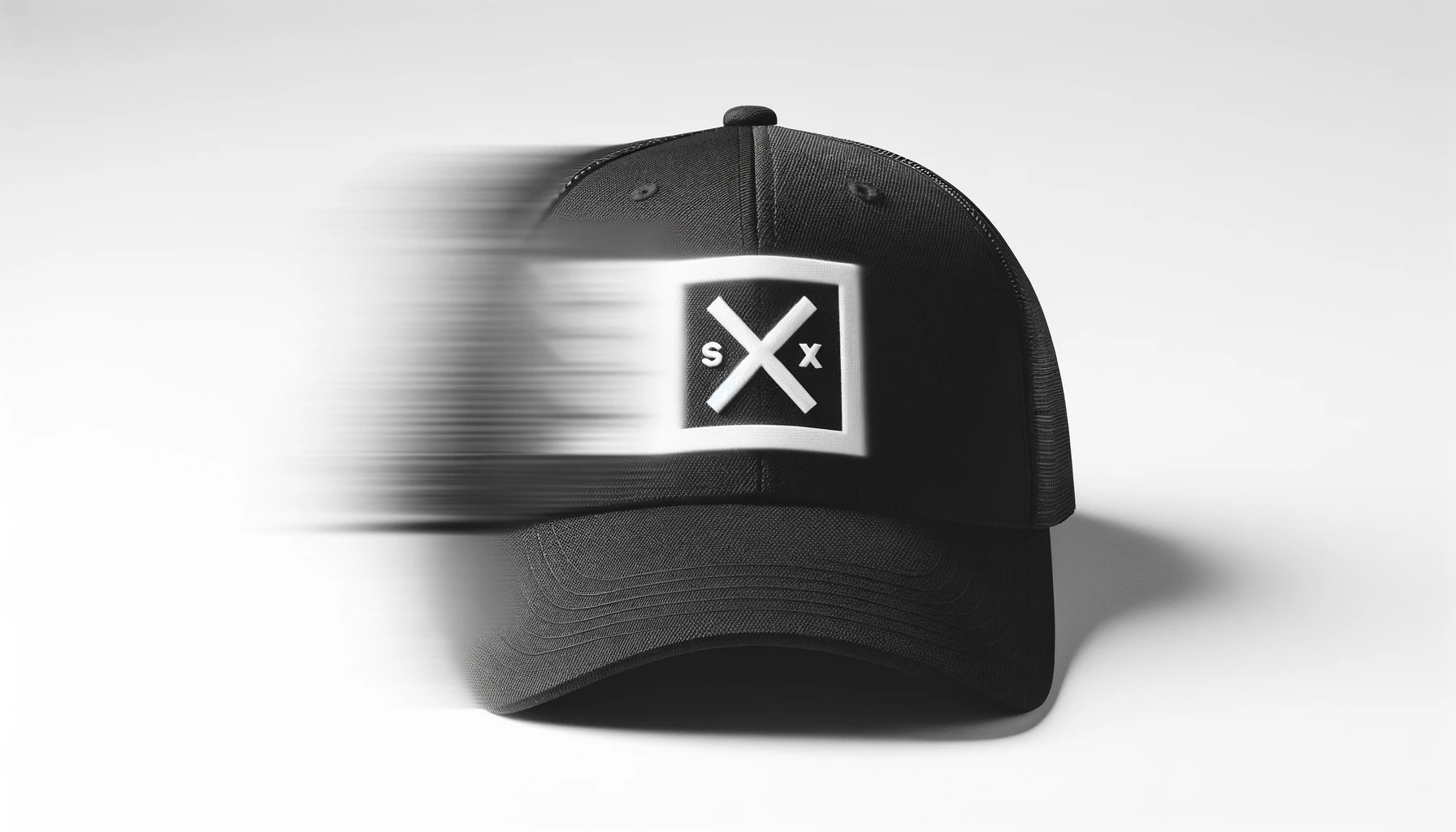A cap with a large black and white logo in the center featuring 'SX' letters, focusing on its cool and stylish appearance. The logo is blurred, removed, or not visible from the angle. The image emphasizes the cap's sleek design and modern look.