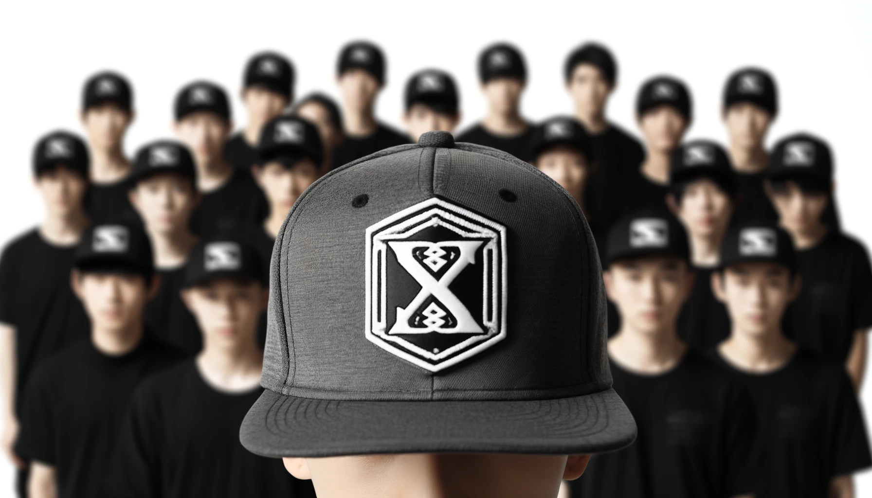 Japanese people wearing a cap with a large black and white logo in the center featuring 'SX' letters. The logo is blurred, removed, or not visible from the angle. The image showcases a group of Japanese people, highlighting the cap's popularity.