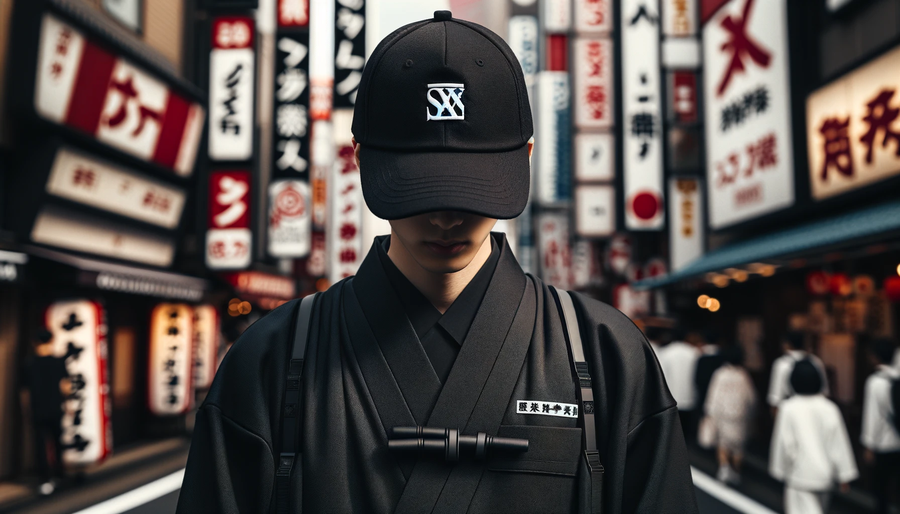 Japanese fashion coordination with a cap featuring a large black and white logo in the center. The cap has 'SX' letters, with the logo blurred, removed, or not visible from the angle. The image focuses on the stylish Japanese outfit.