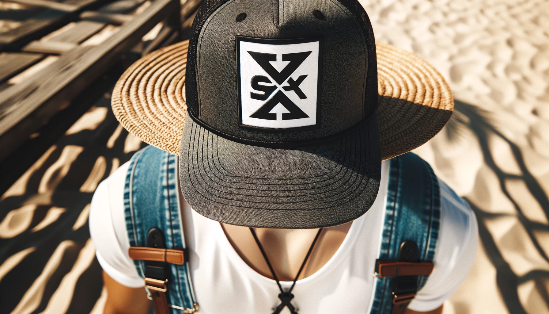 Summer outfit coordination with a cap featuring a large black and white logo in the center. The cap has 'SX' letters, with the logo blurred, removed, or not visible from the angle. The image emphasizes a cool and trendy summer look.