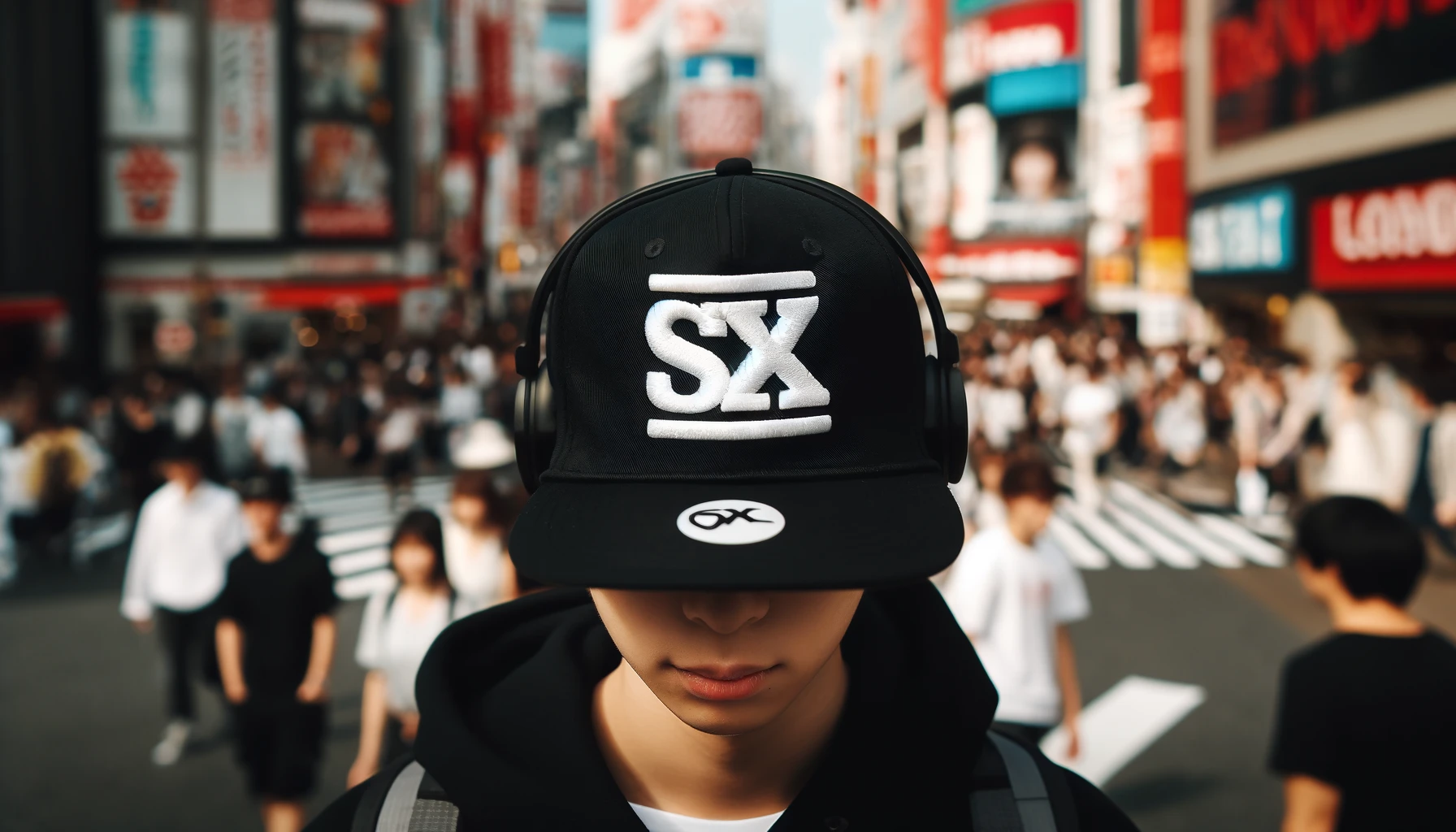 Japanese youth in a busy city street wearing a cap with a large black and white logo in the center. The cap features 'SX' letters, with the logo blurred, removed, or not visible from the angle. The image captures the vibrancy and style of Japanese youth.