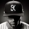 A major league baseball player wearing a cap with a large black and white logo in the center. The cap features 'SX' letters, with the logo blurred, removed, or not visible from the angle. The image focuses on the player's athletic and stylish appearance.