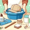 A Japanese person preparing to wash a cap, gathering materials such as a basin, mild detergent, a soft brush, and a towel.