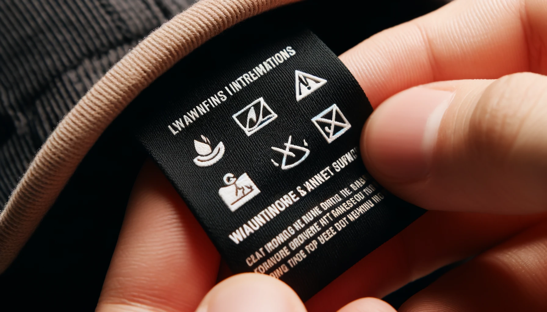 A close-up of a care tag on a cap, showing washing instructions and warnings, with clear and legible text.