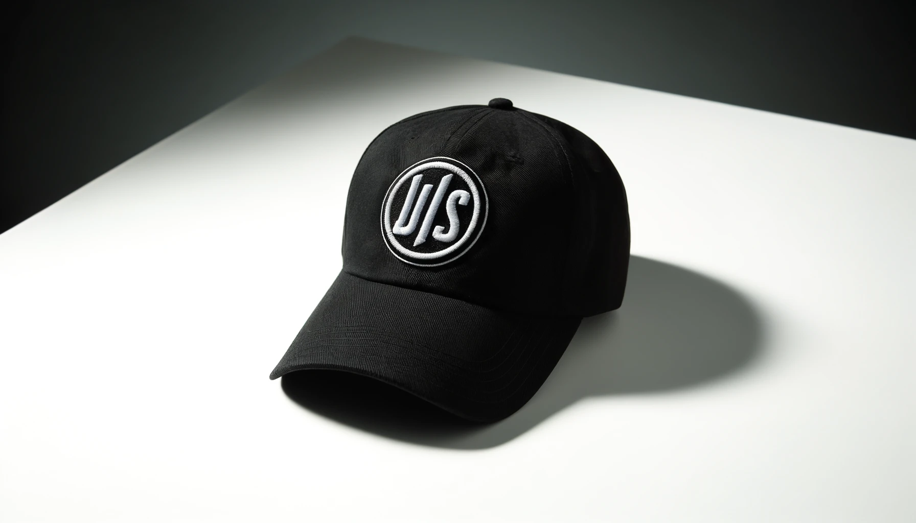 A freshly washed and clean black cap with a large logo in a color other than black, placed on a clean white surface, showing its pristine condition.