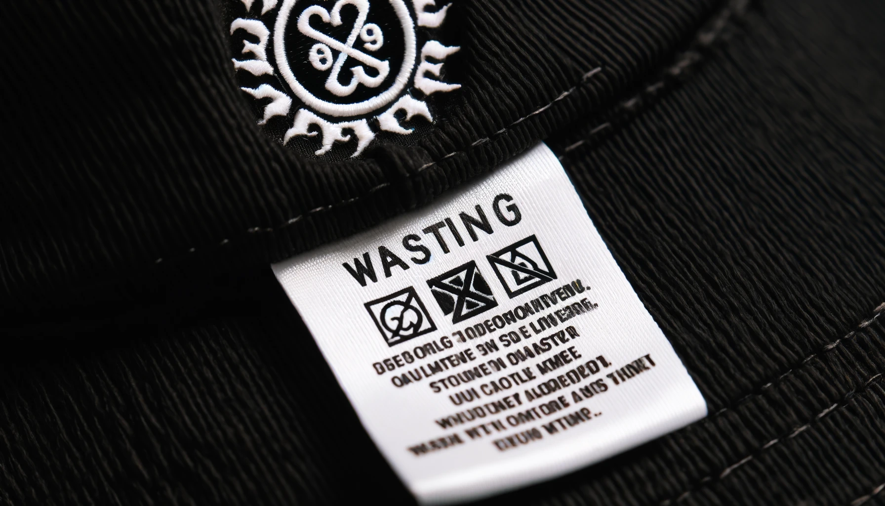 A close-up of a care tag on a black cap with a large logo in a color other than black, showing washing instructions and warnings, with clear and legible text.