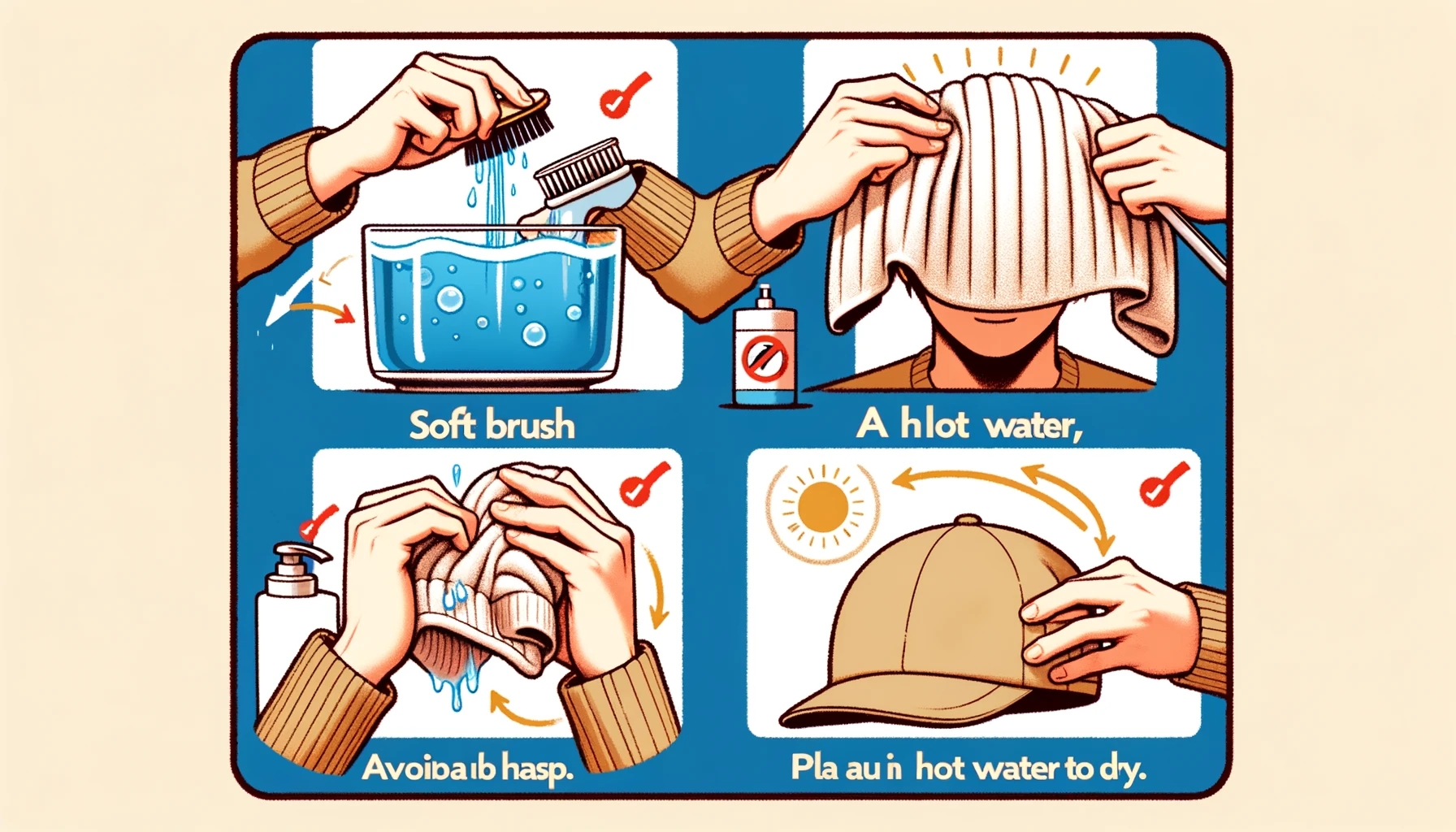 A Japanese person demonstrating tips for washing a cap: using a soft brush, avoiding hot water, and placing the cap on a towel to dry, with visual emphasis on each tip.