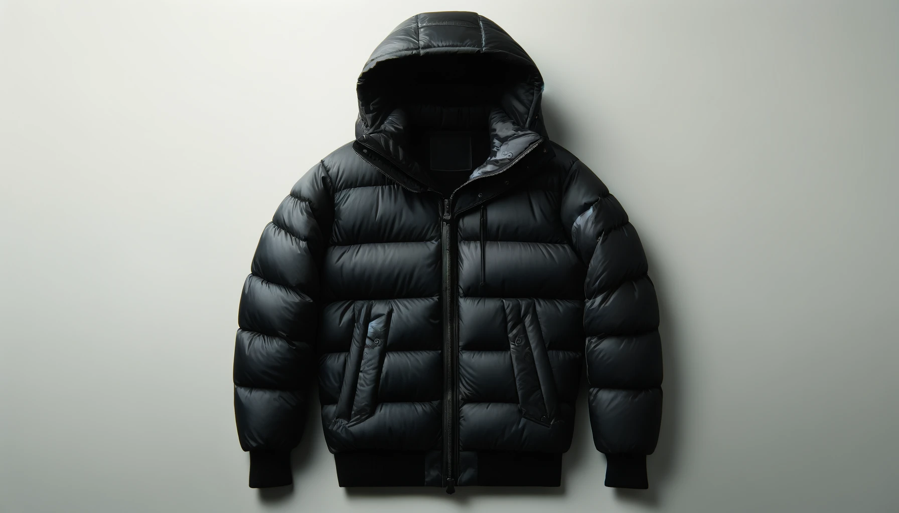 A hooded down jacket displayed on a plain background, showcasing its design and details.