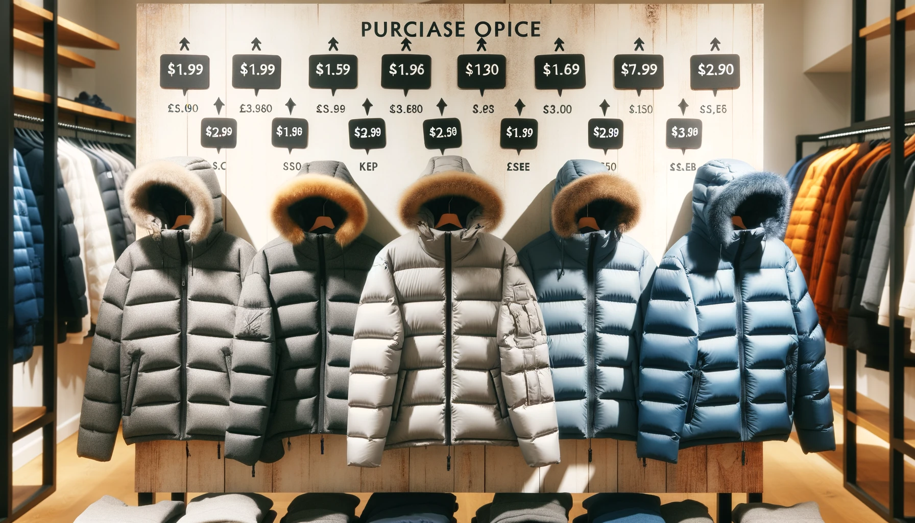 A display of purchase options for hooded down jackets, including price tags and store names, to illustrate where and at what price they can be bought.