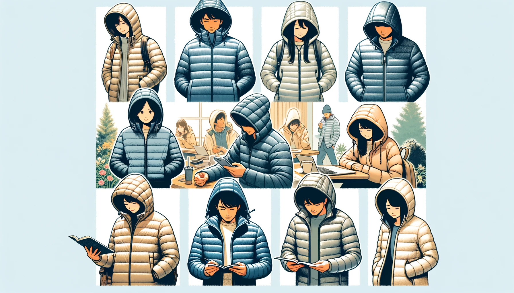 A group of Japanese people wearing hooded down jackets in different settings, illustrating the popularity and versatility of the jacket.