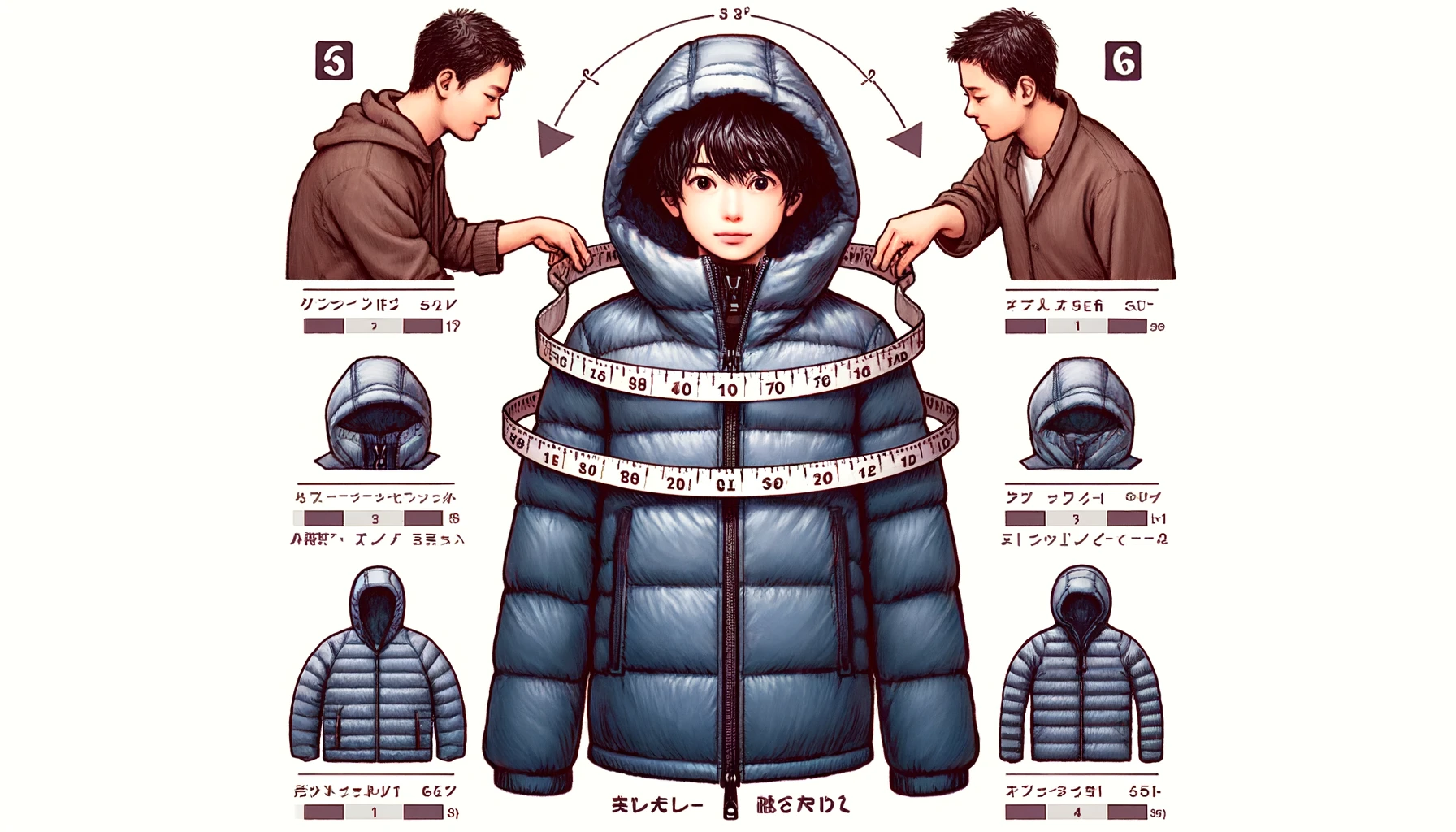 A Japanese person choosing the right size for a hooded down jacket, with various size options displayed, illustrating the important points for size selection.