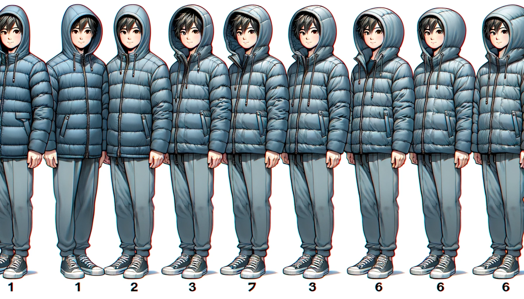 A Japanese person wearing a hooded down jacket, showing how it fits on the body in different poses to illustrate the size and fit of the jacket.