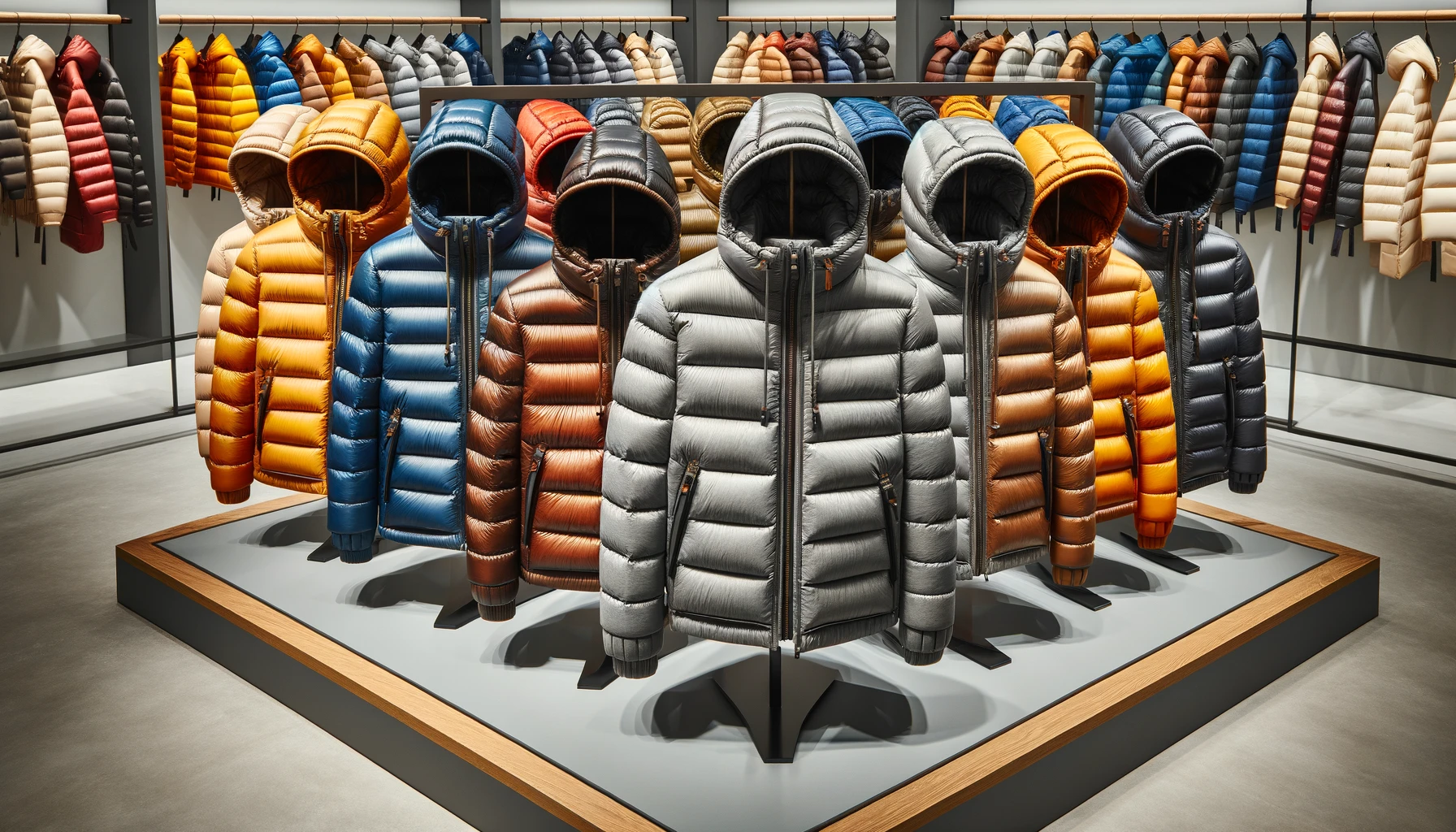 A display of a hooded down jacket in various color options, arranged side by side to show the different color variations available.
