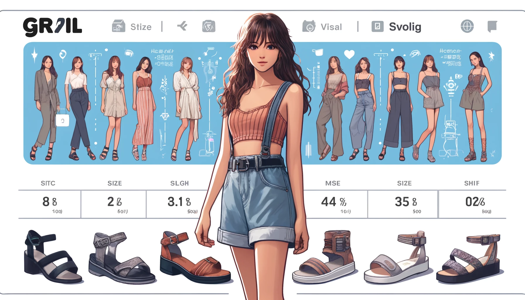 An image showing shoe size options for sandals from GRL (Grail), a budget-friendly women's fashion brand. The image features a stylish Japanese woman wearing different pairs of trendy sandals. There are visual size charts, measurement tips, and guidance on choosing the right shoe size. The background is modern with fashion-related icons.