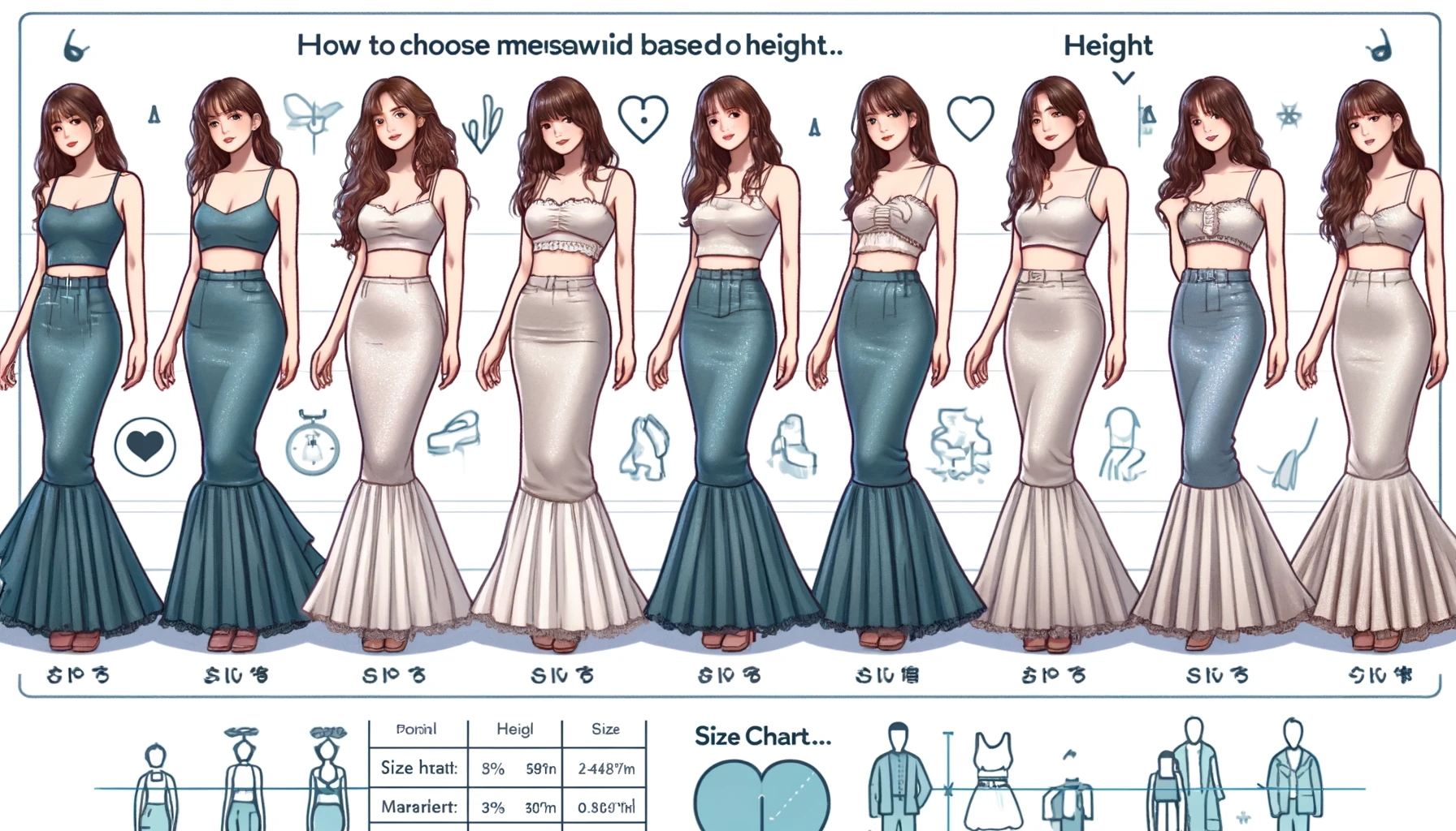 An image showing how to choose mermaid skirts based on height from GRL (Grail), a budget-friendly women's fashion brand. The image features Japanese women of various heights modeling different mermaid skirts. Size charts, measurement tips, and height-based size recommendations are displayed. The background is modern with fashion-related icons.