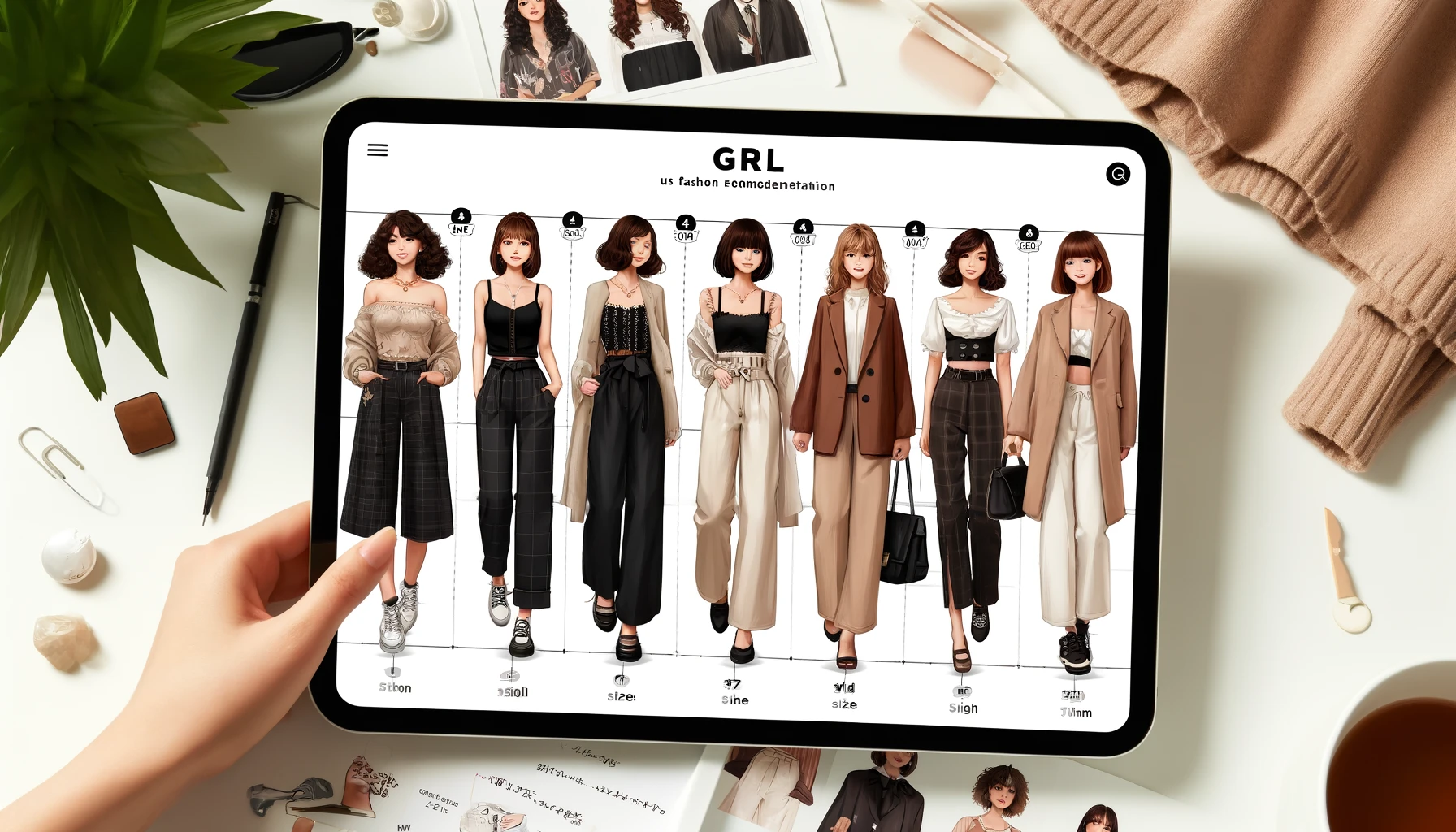 An image showing fashion coordination based on sizes for GRL (Grail), a budget-friendly women's fashion brand. The image features stylish Japanese women in various outfits that match different size recommendations. There are visual size charts, measurement tips, and fashion advice. The background is chic and modern with fashion-related design elements.