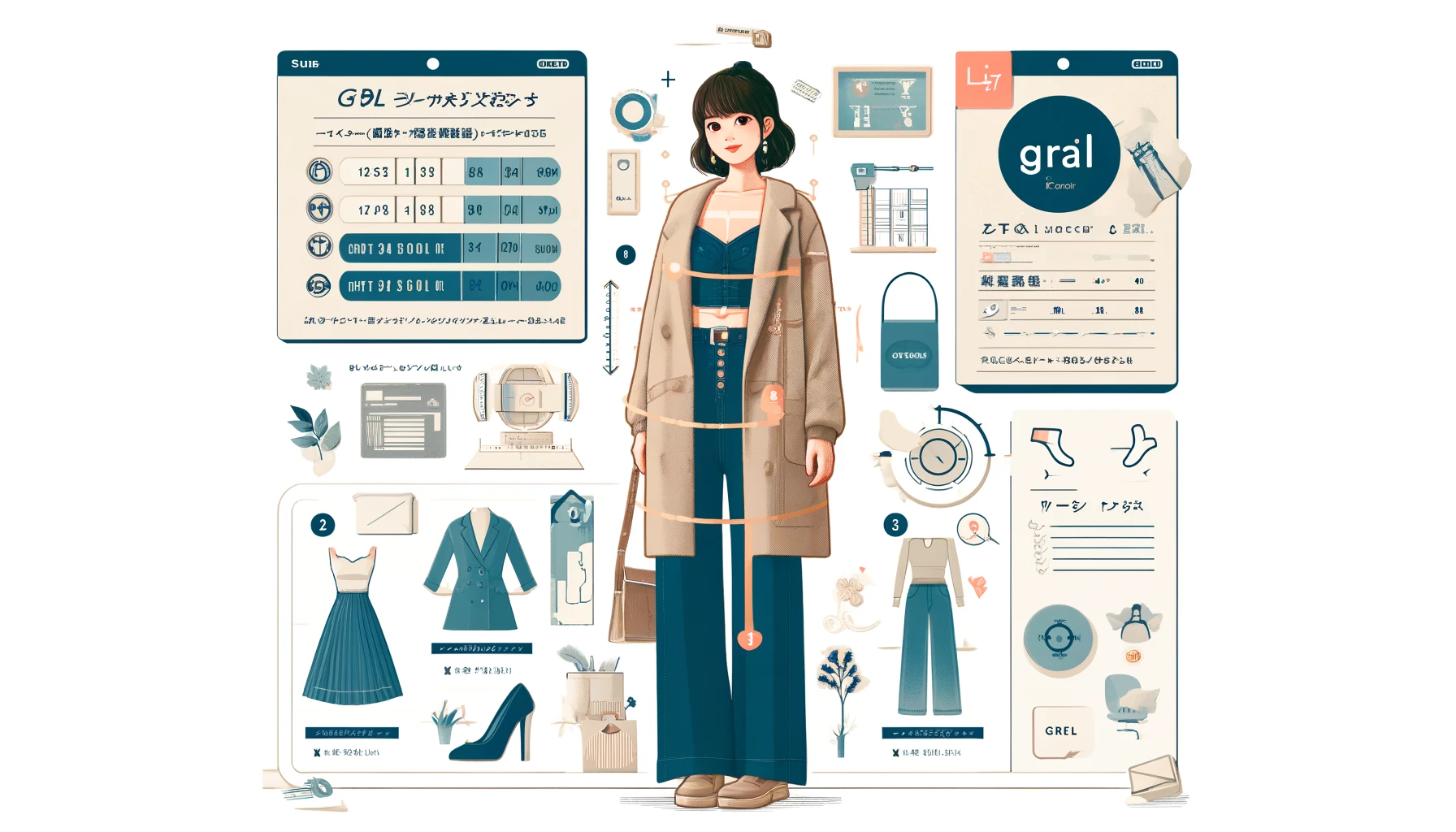 An image showing tips for choosing sizes for GRL (Grail), a budget-friendly women's fashion brand. The image includes a stylish Japanese woman with various size charts, measurement tips, and advice on selecting the right size. The background is modern with fashion-related icons and design elements.