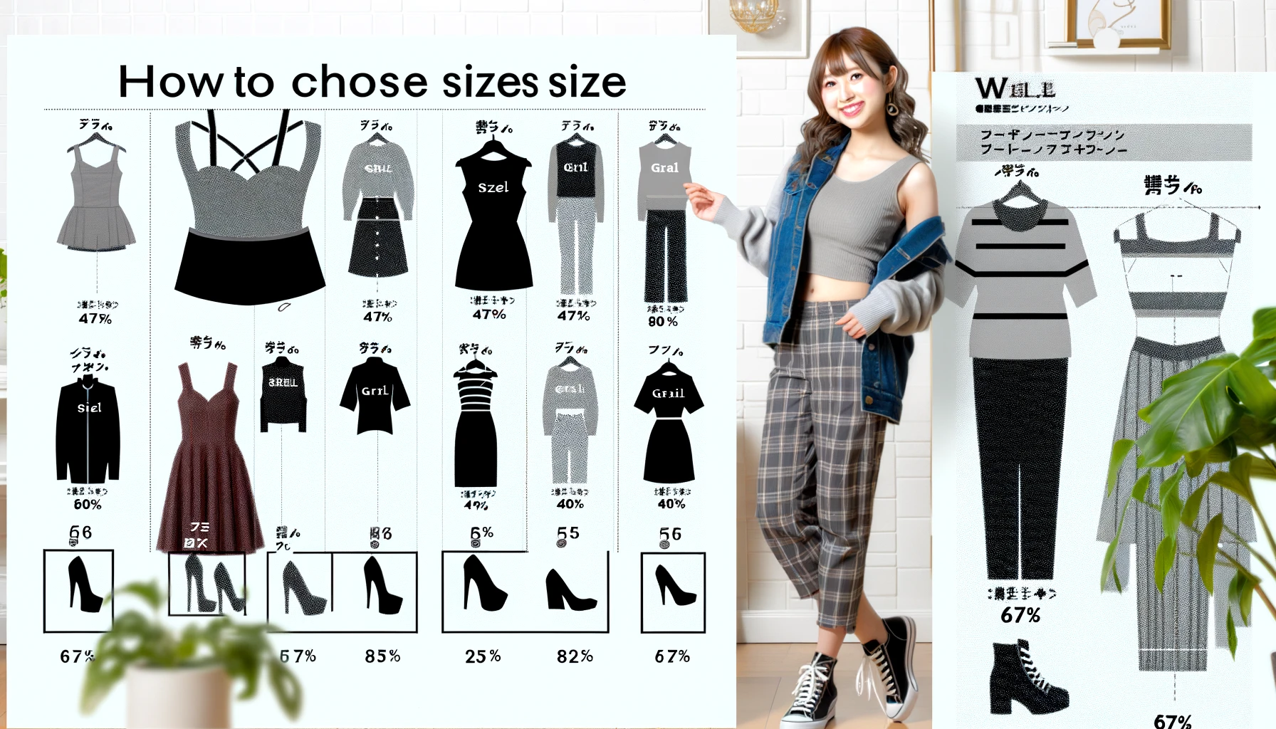 An image showing how to choose sizes for women's budget-friendly fashion brand GRL (Grail). The image features a stylish Japanese woman wearing trendy outfits from GRL. Various size charts and measurement tips are displayed, highlighting different body types and sizes. The background includes subtle design elements like fashion icons and a neutral, fashionable setting.