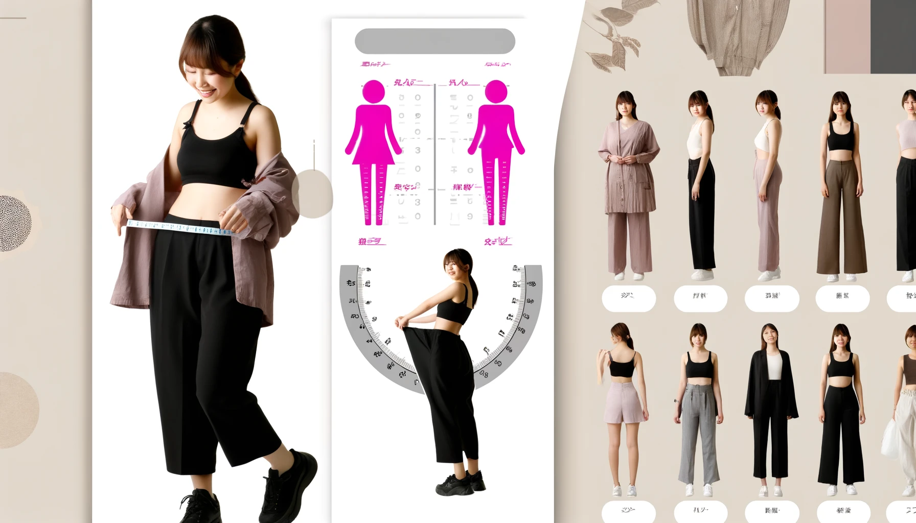 An image showing how to choose sizes for women's budget-friendly fashion brand GRL (Grail). The image features a stylish Japanese woman wearing trendy outfits from GRL. Various size charts and measurement tips are displayed, highlighting different body types and sizes. The background includes subtle design elements like fashion icons and a neutral, fashionable setting.